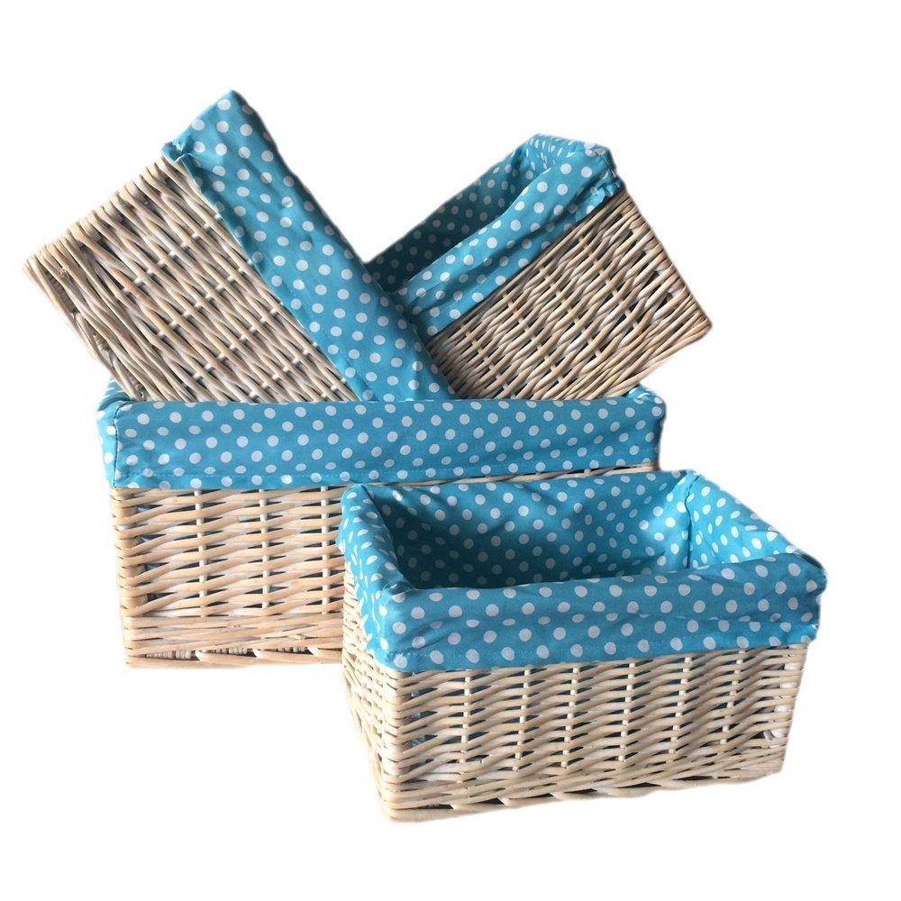 Wicker Blue Spotty Lined Open Storage Baskets Set of 4