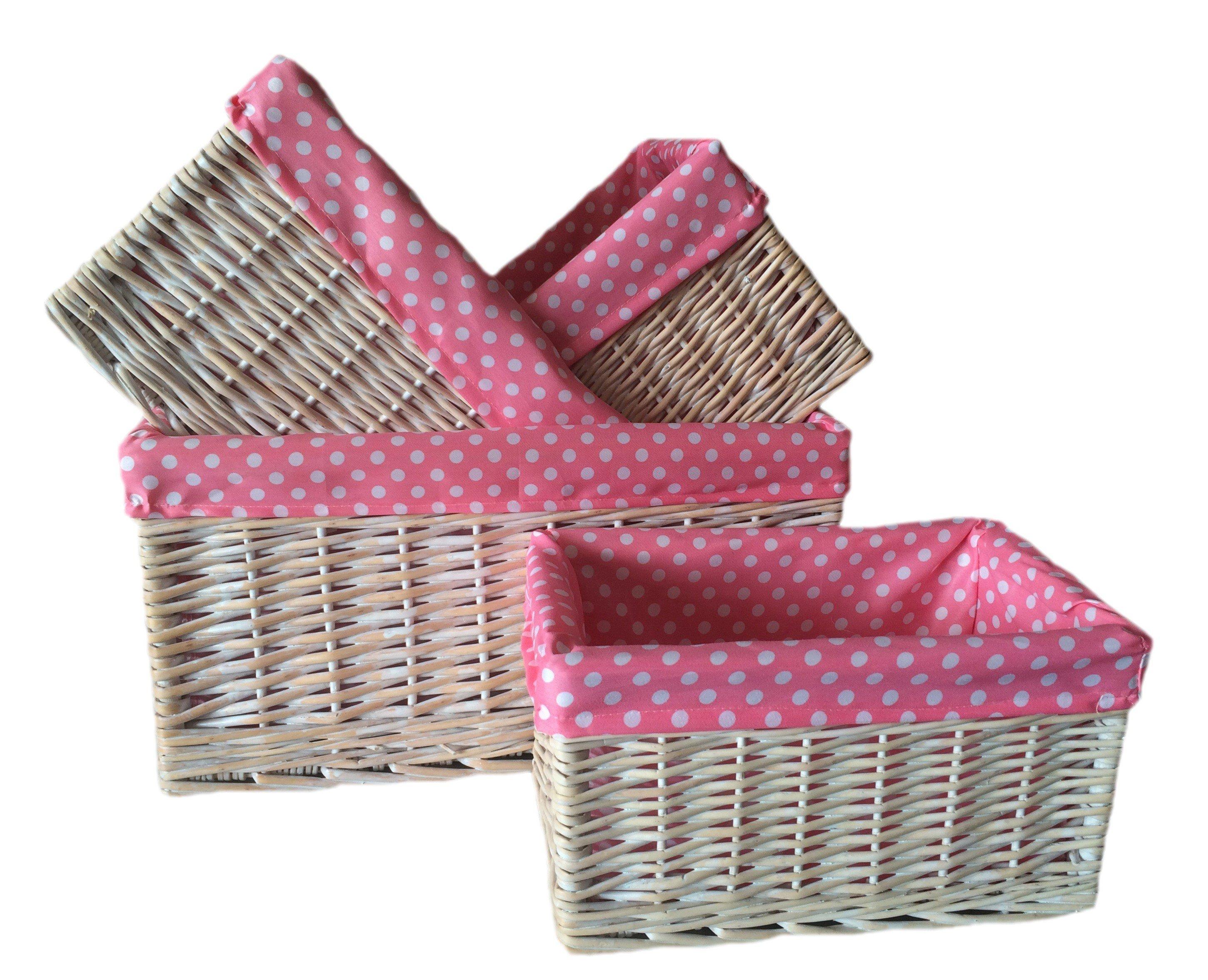 Wicker Pink Spotty Lined Open Storage Basket Set of 4