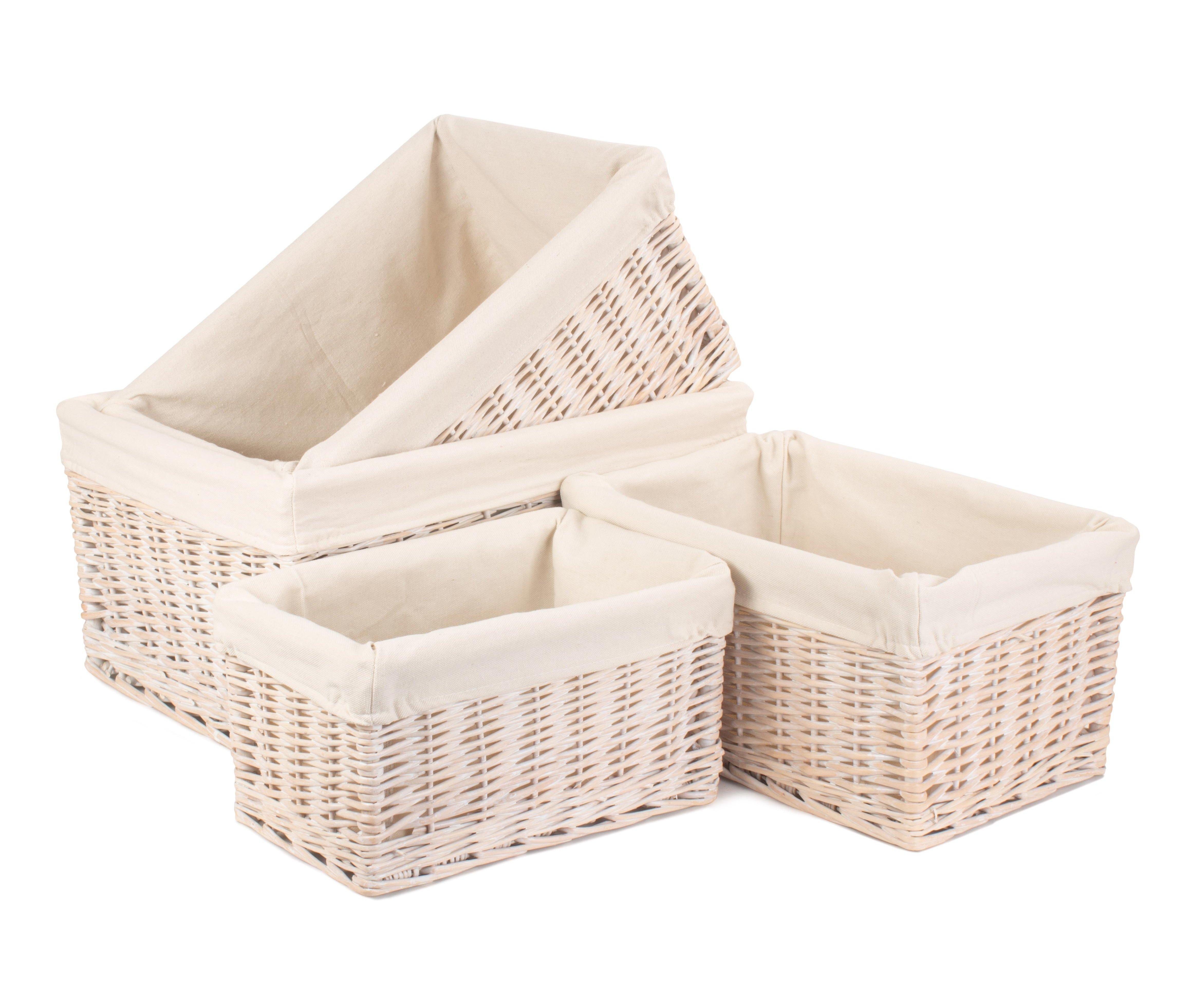 Wicker White Lined Storage Baskets Set 4