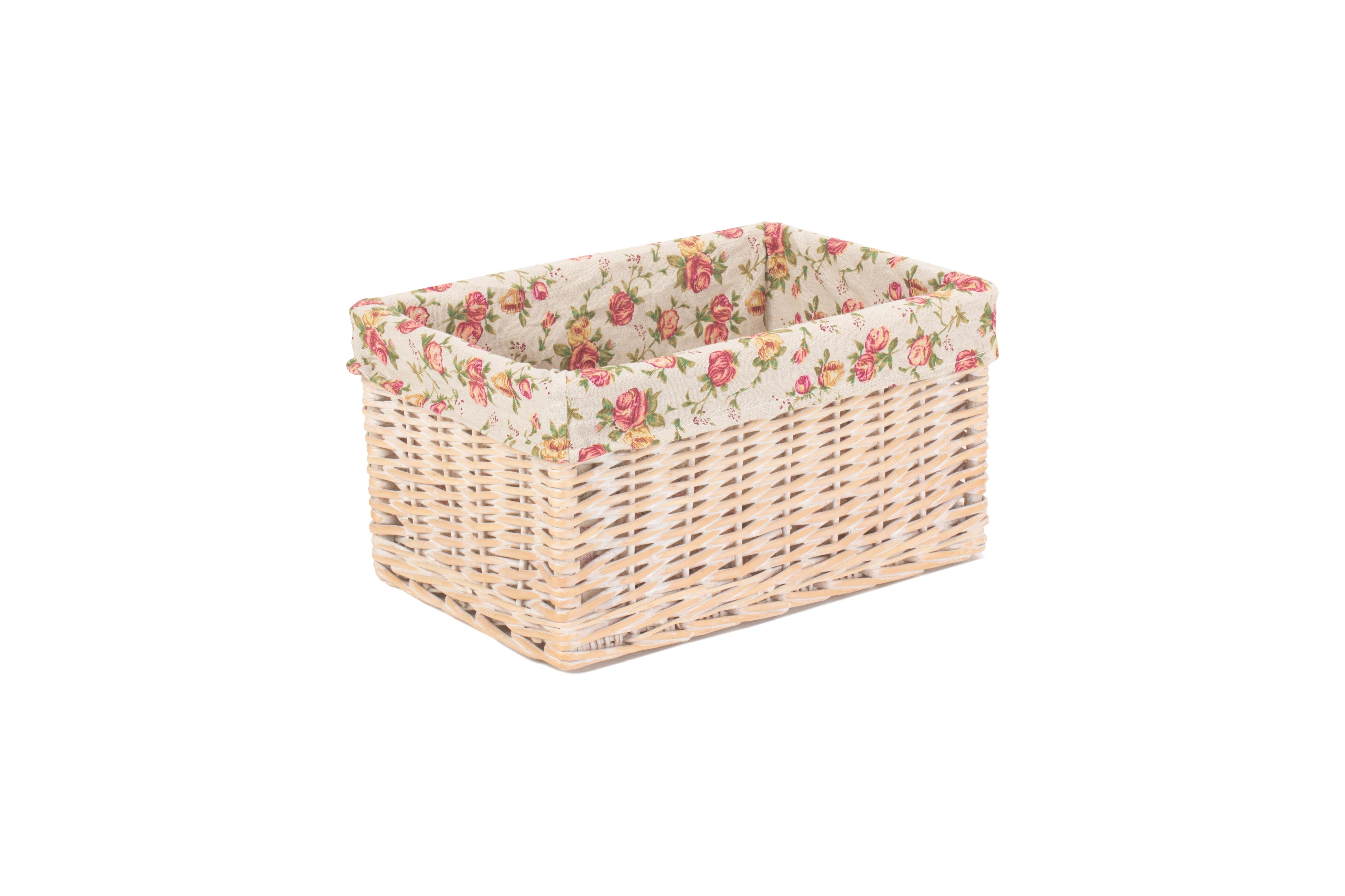 Wicker White Wash Garden Rose Lined Storage Basket