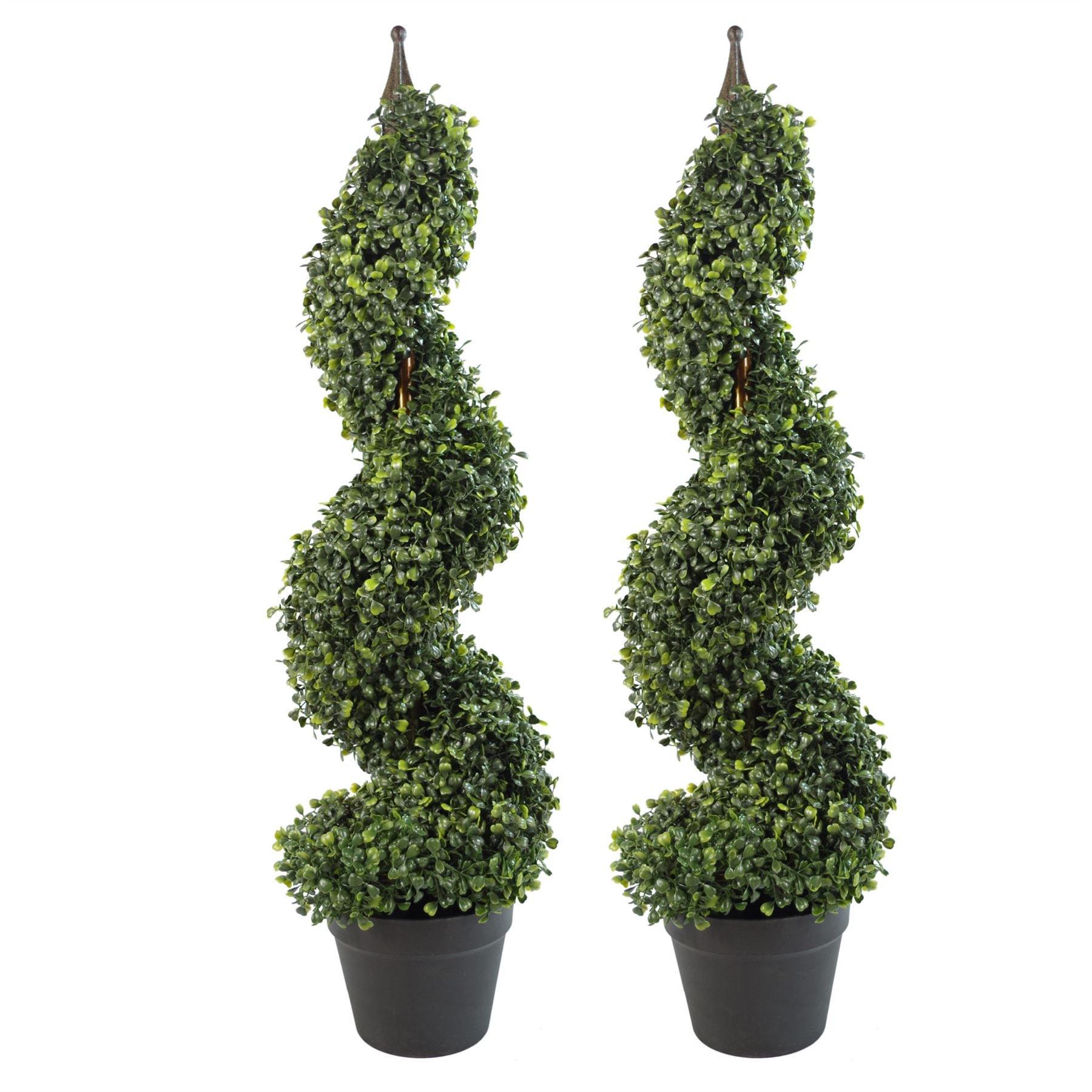 Pair of 90cm (3ft) Tall Artificial Boxwood Tower Trees Topiary Spiral Metal Top