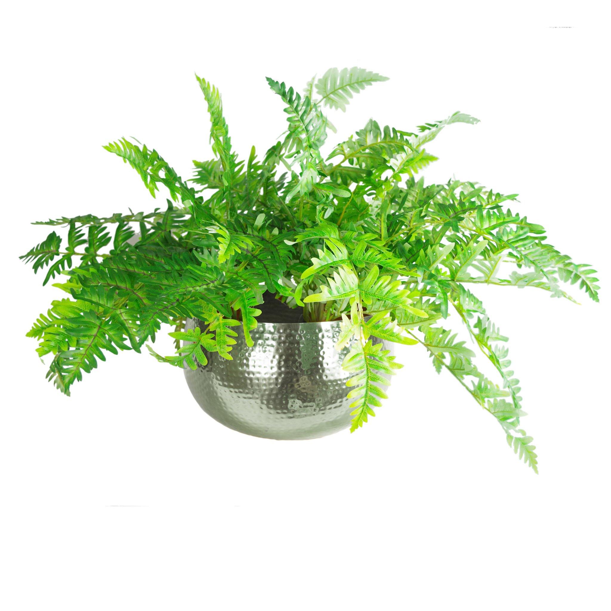 Large Artificial Ferns Display with XL Metal Silver Bowl Planter 50x65cm