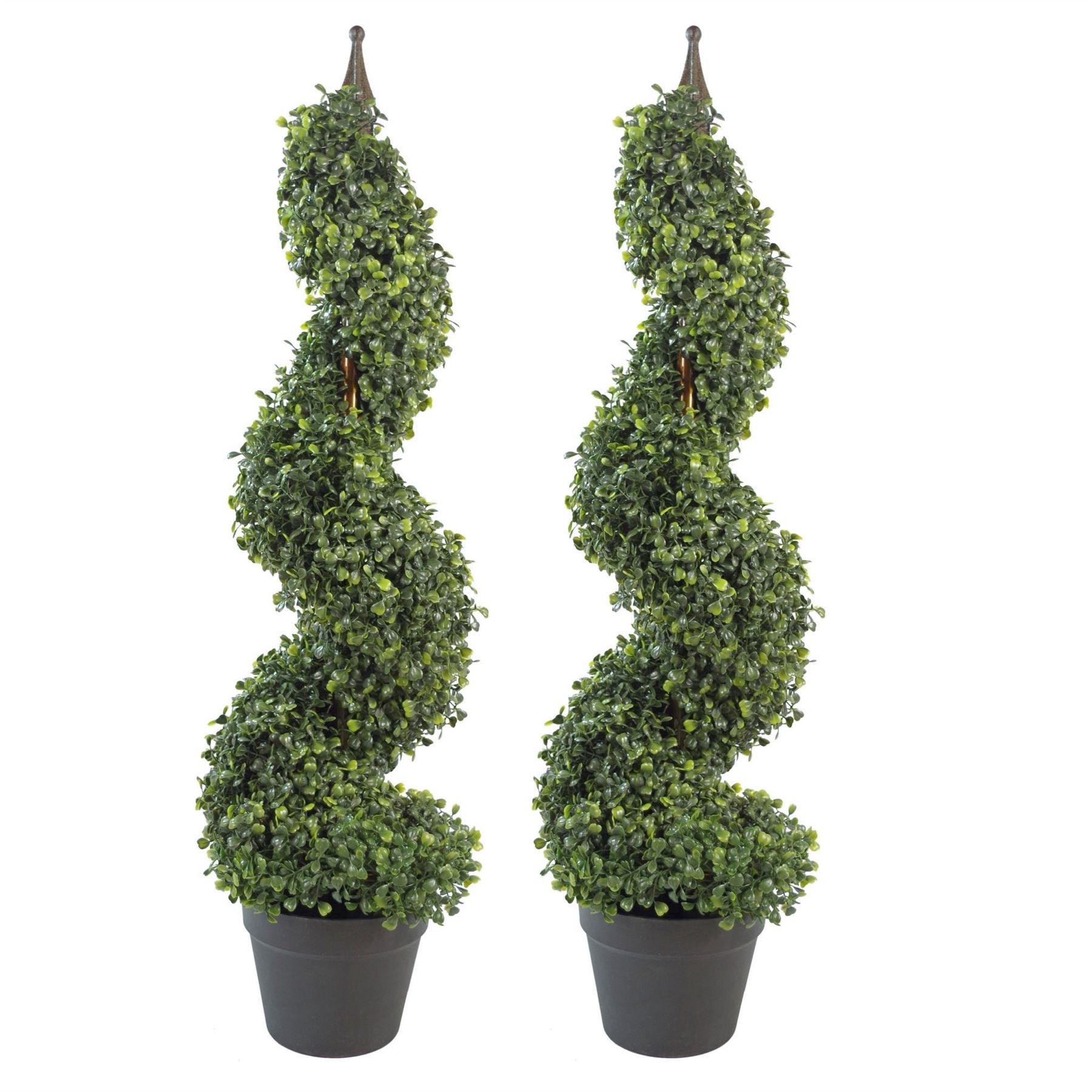 Pair of 90cm (3ft) Tall Artificial Boxwood Tower Trees Topiary Spiral Metal Top