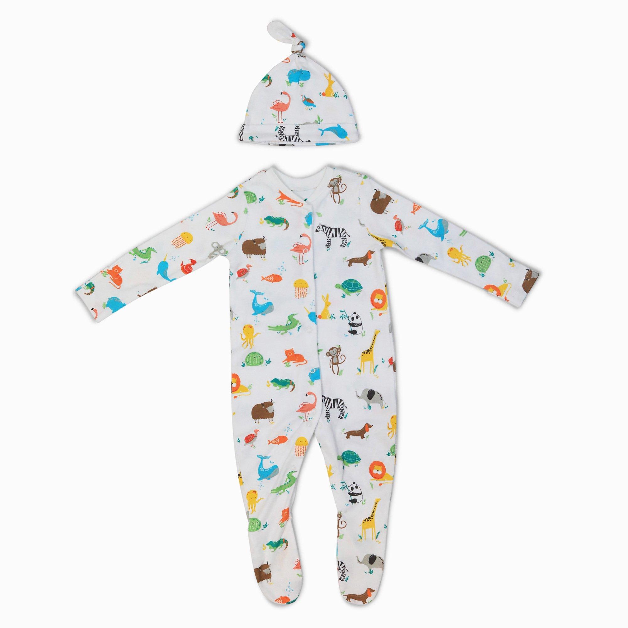 Animal Alphabet 100% BCI Cotton Jersey White Baby Sleepsuit and Hat