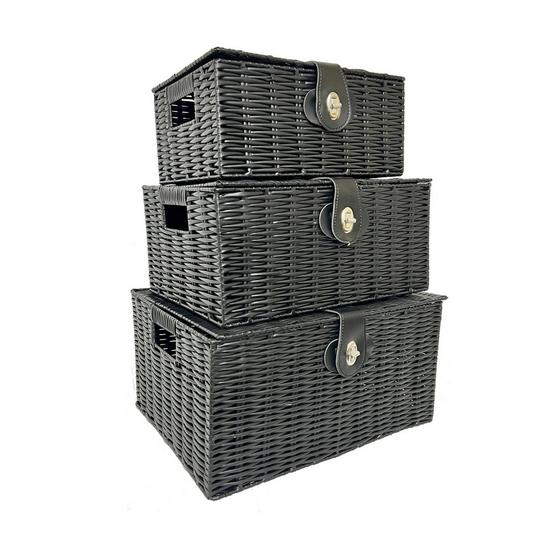 Oypla Set of 3 Black Resin Woven Wicker Style Storage Baskets 1
