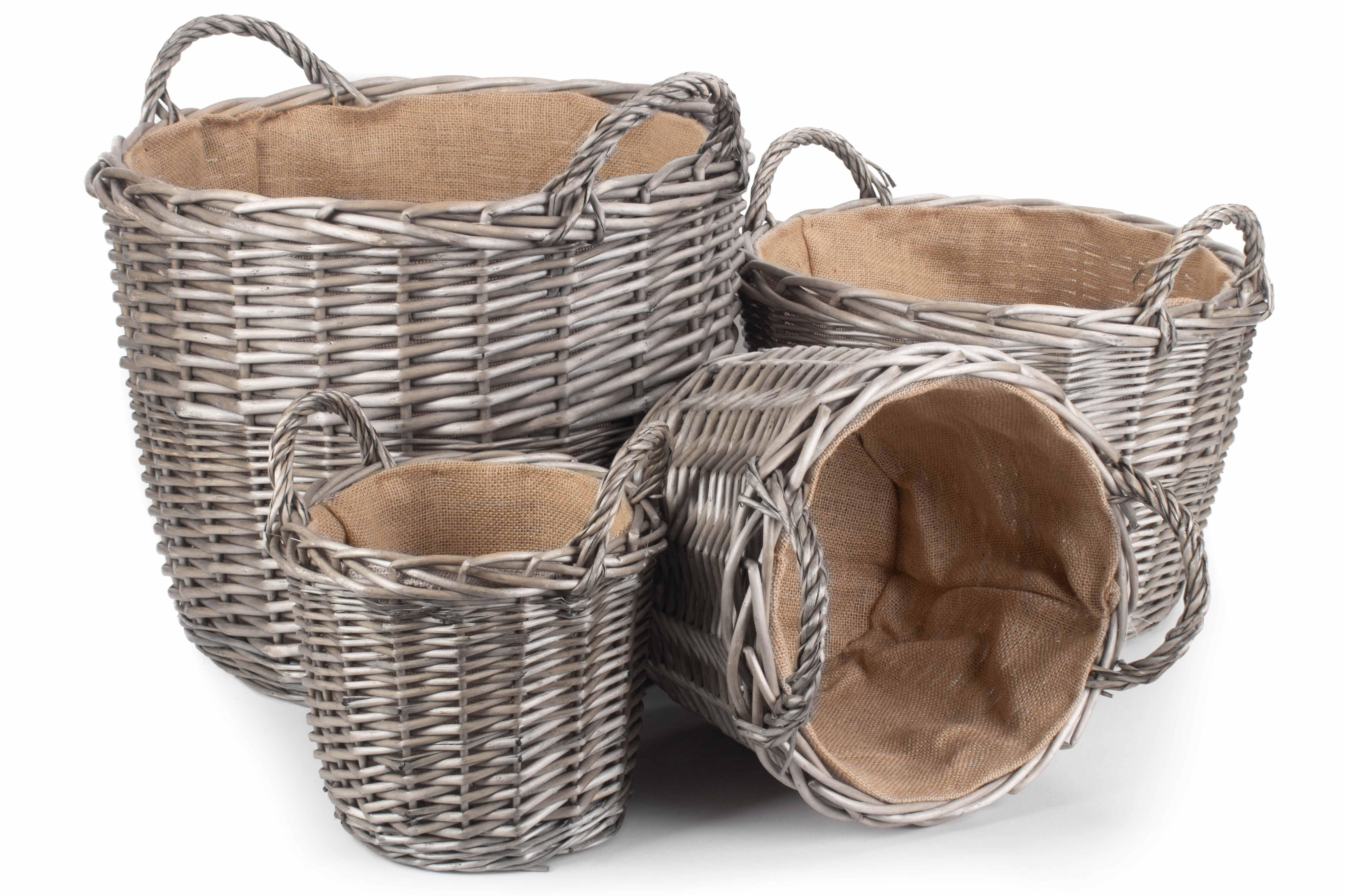Wicker Set of 4 Antique Wash Finish Lined Log Baskets