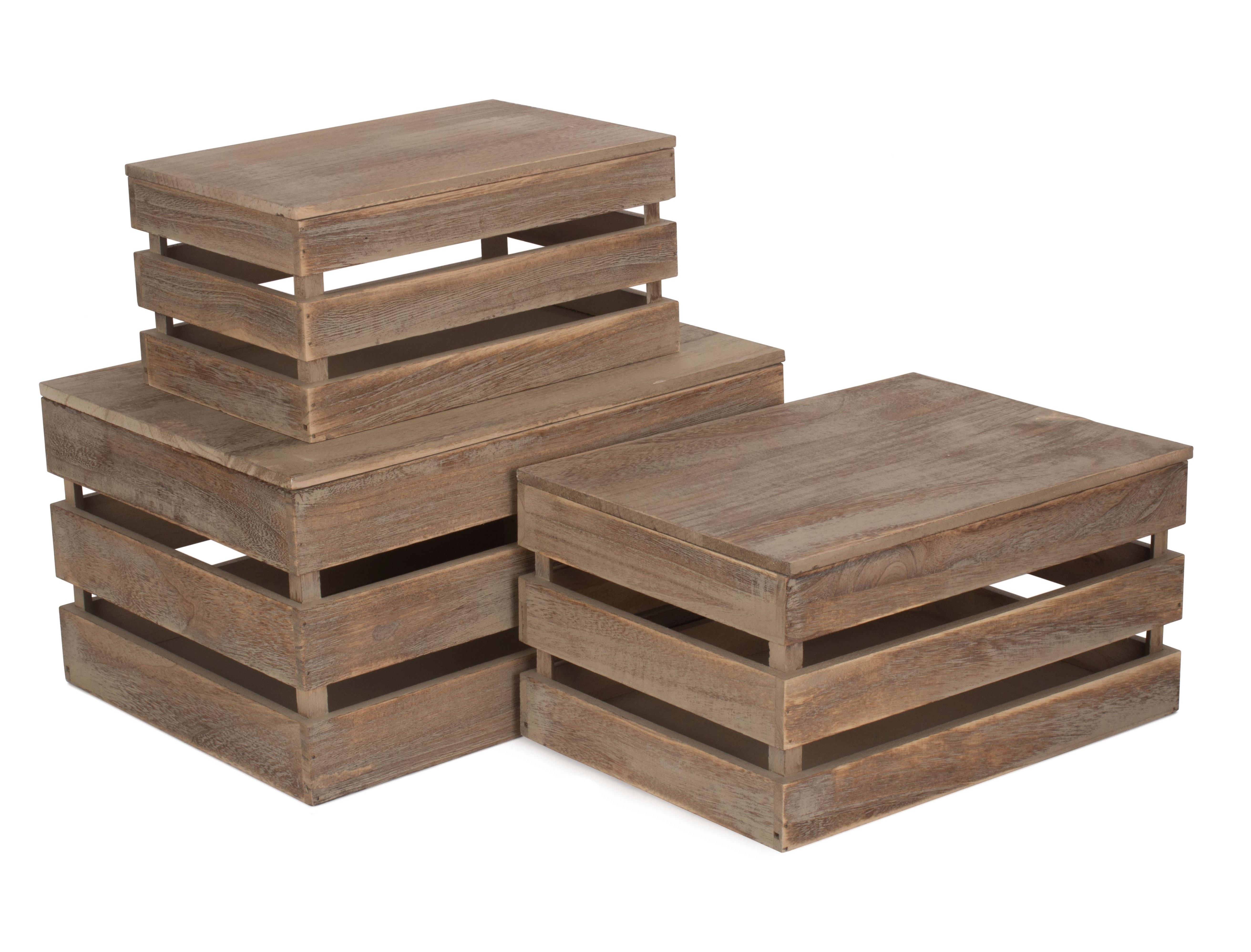 Oak Effect Slatted Lidded Wooden Storage Box Set 3