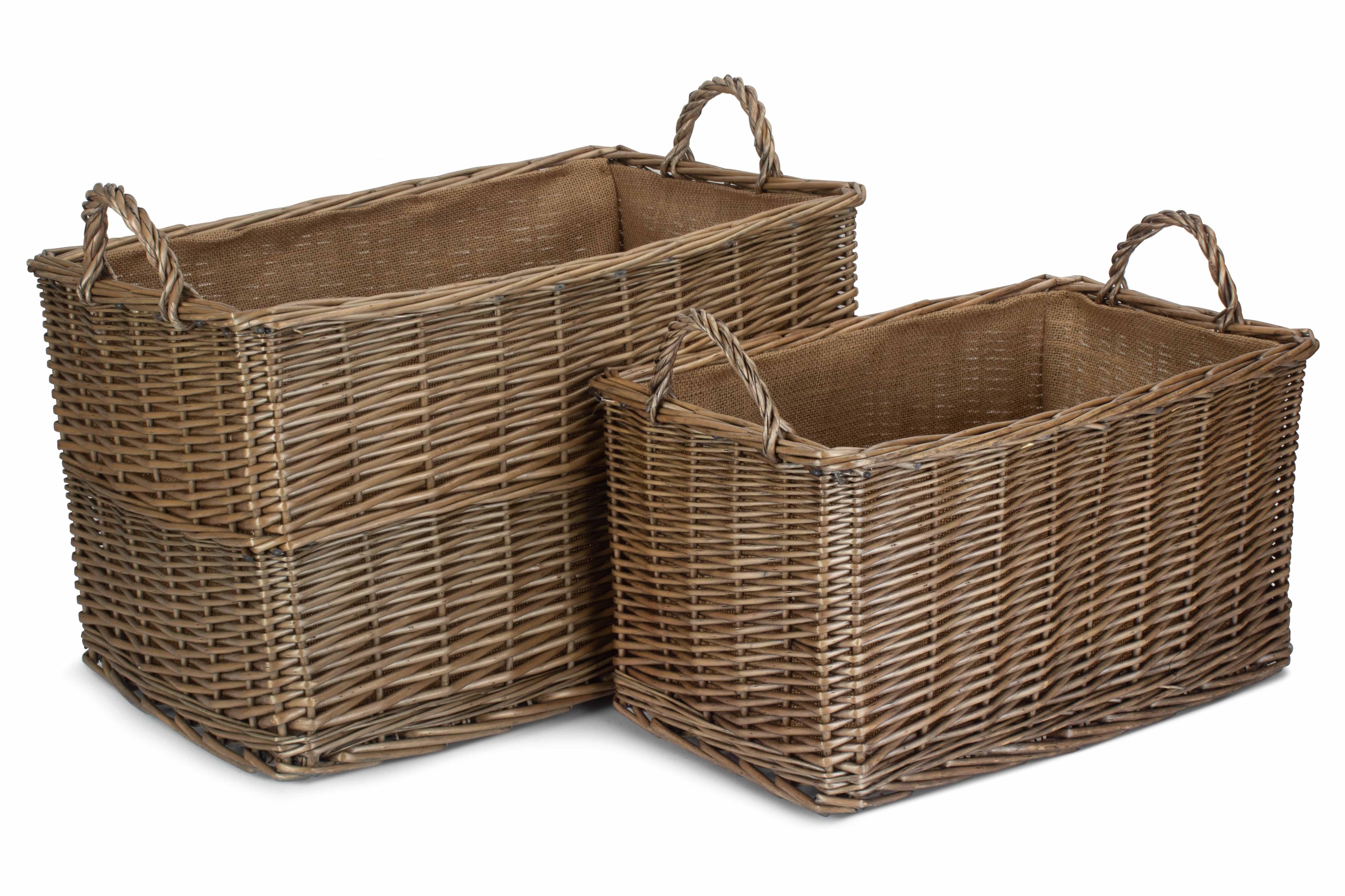 Wicker Antique Wash Rectangular Hessian Lined Basket Set of 2