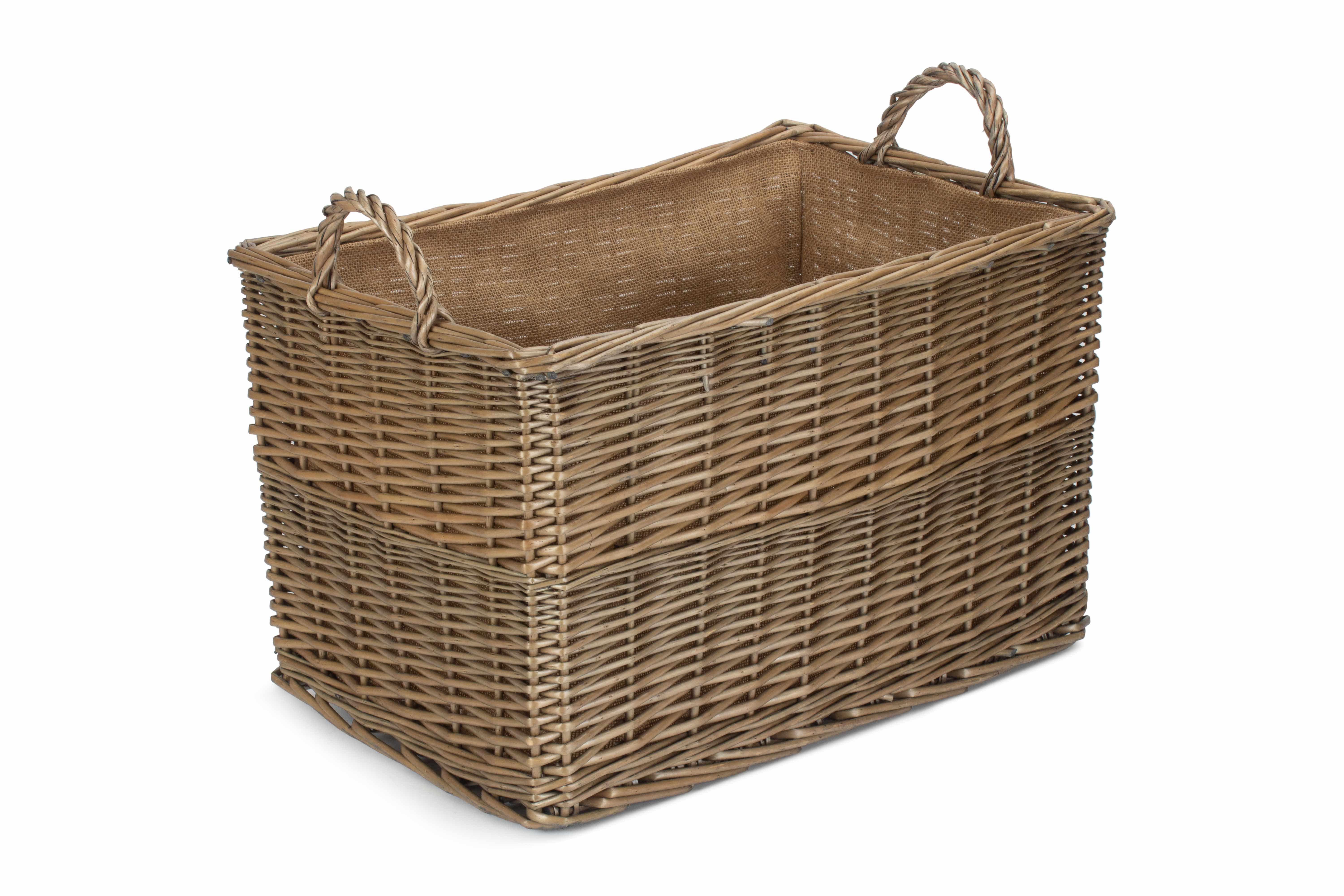 Wicker Antique Wash Rectangular Hessian Lined Basket