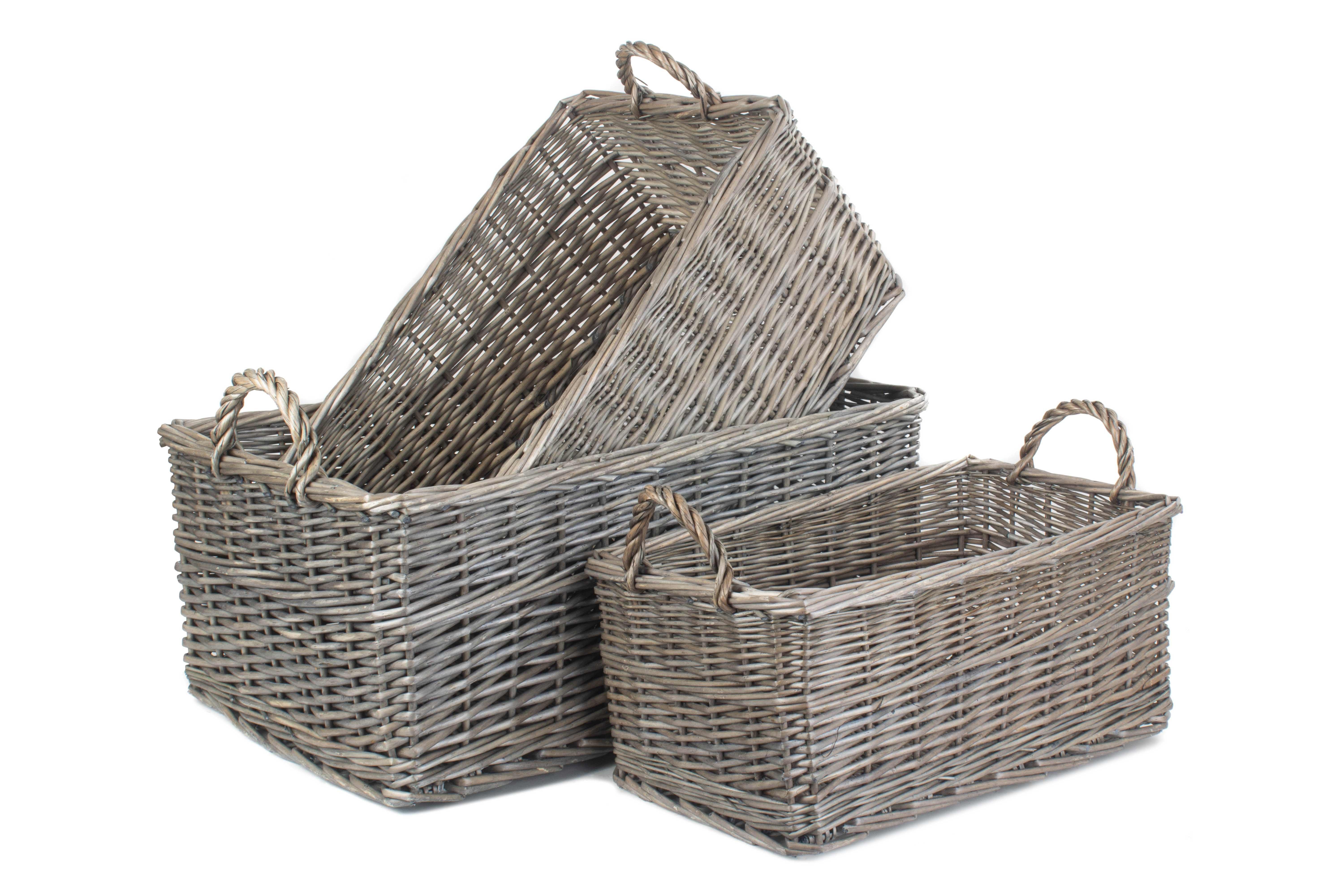 Wicker Shallow Antique Wash Storage Basket Set of 3