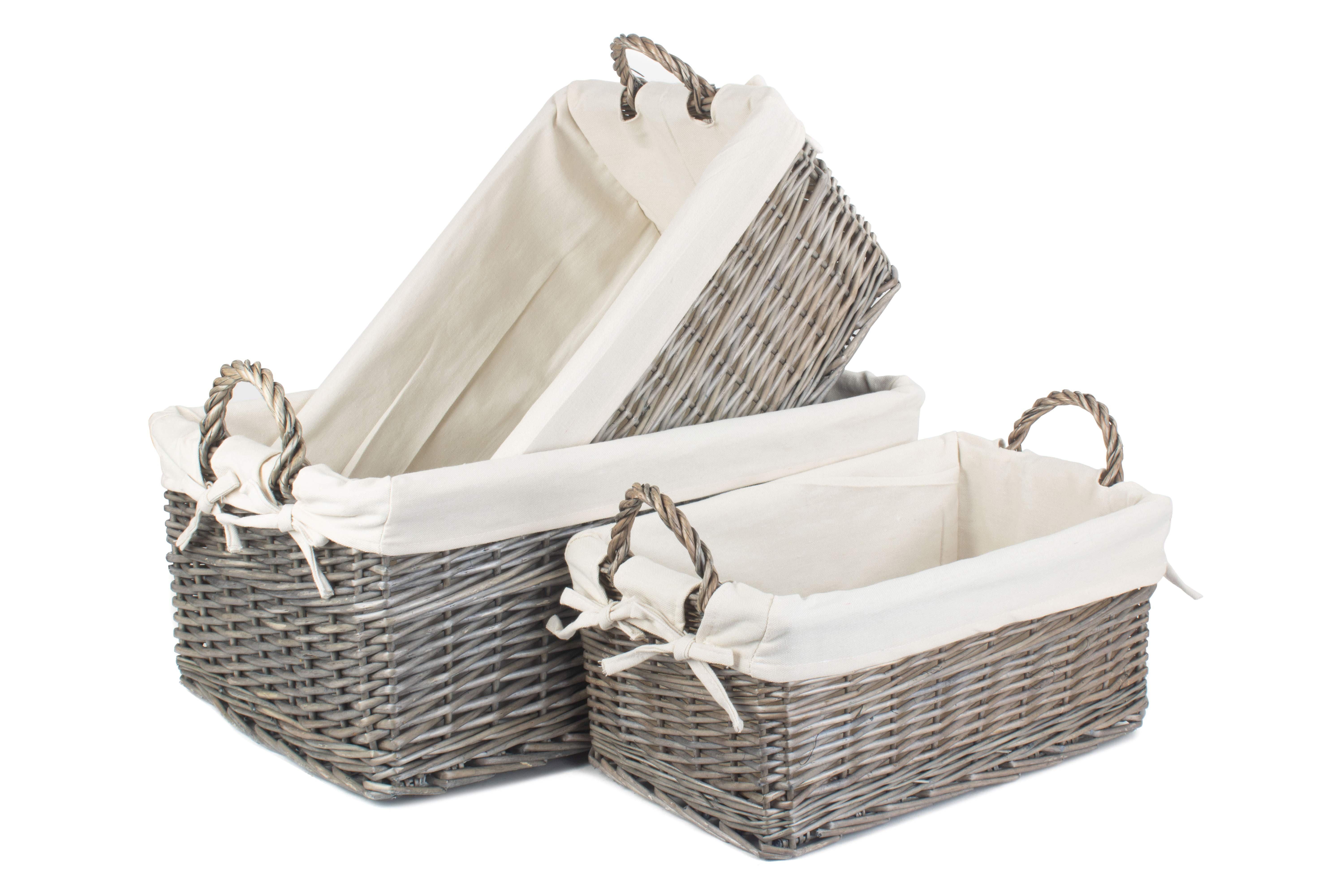 Wicker Shallow Lined Antique Wash Storage Basket Set of 3