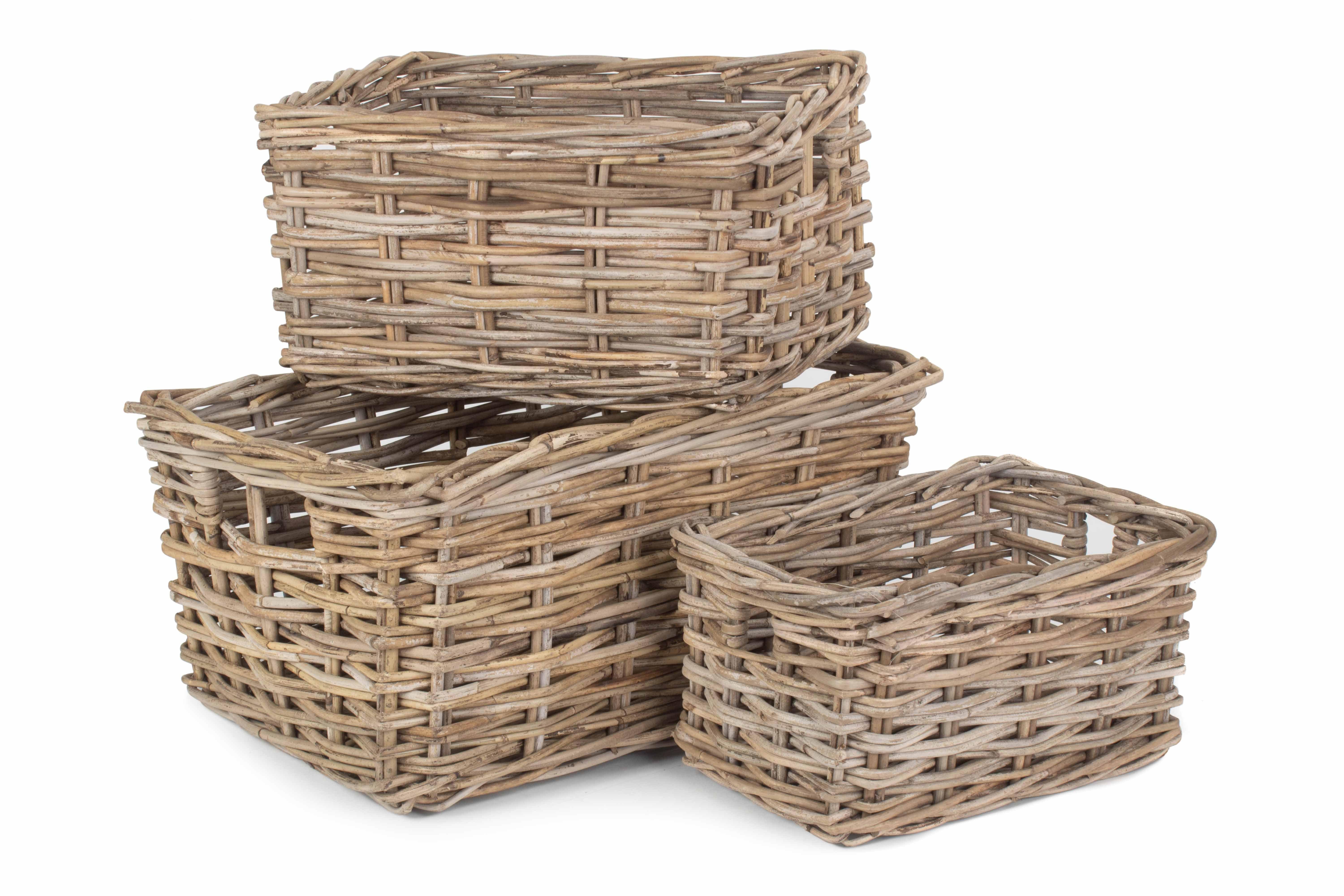 Rattan Set of 3 Rectangular Grey Rattan Storage Baskets