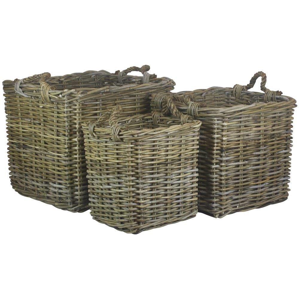 Rattan Set of 3 Square Grey Rattan Log Baskets