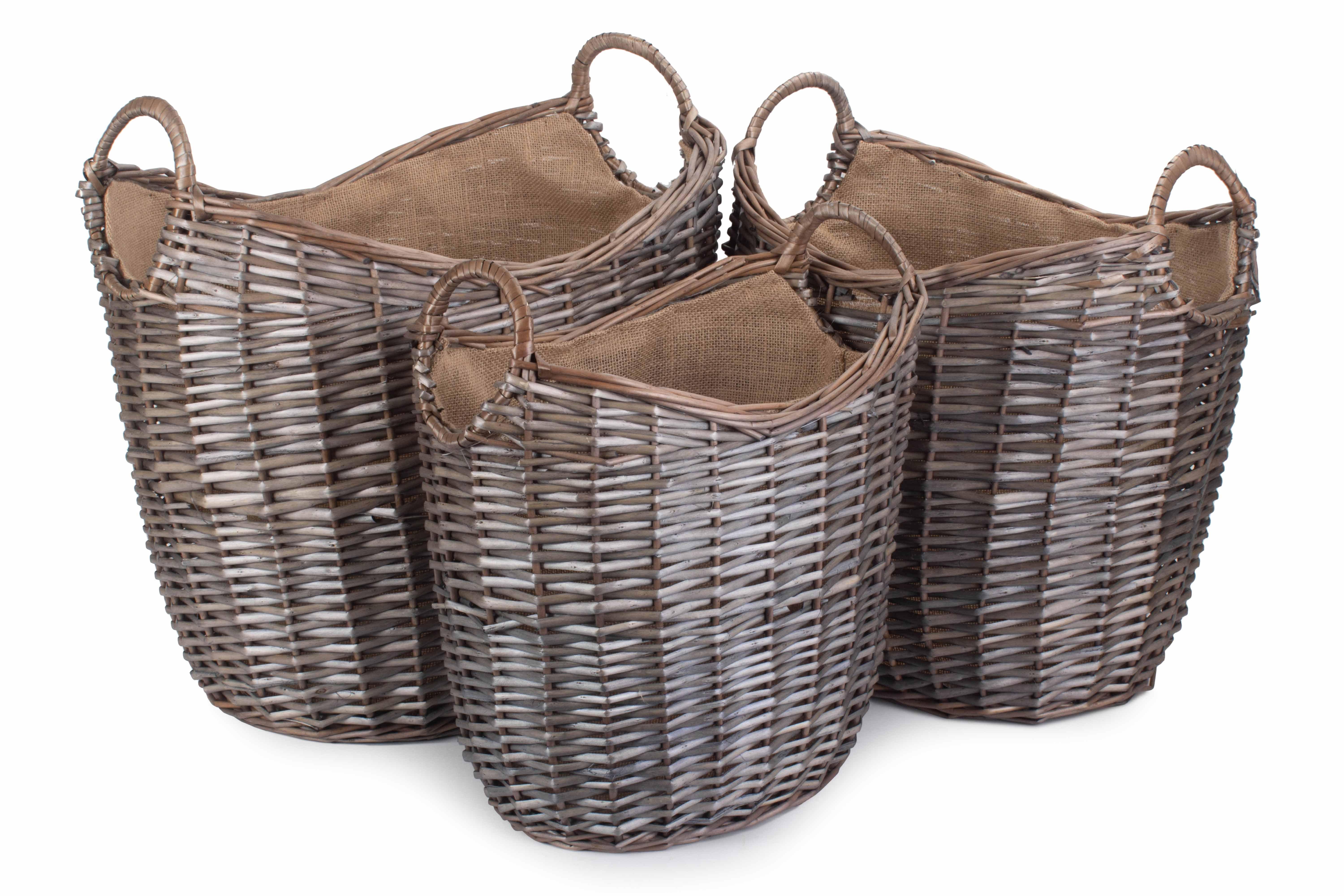 Wicker Set of 3 Scoop Neck Antique Wash Hessian Lined Log Basket