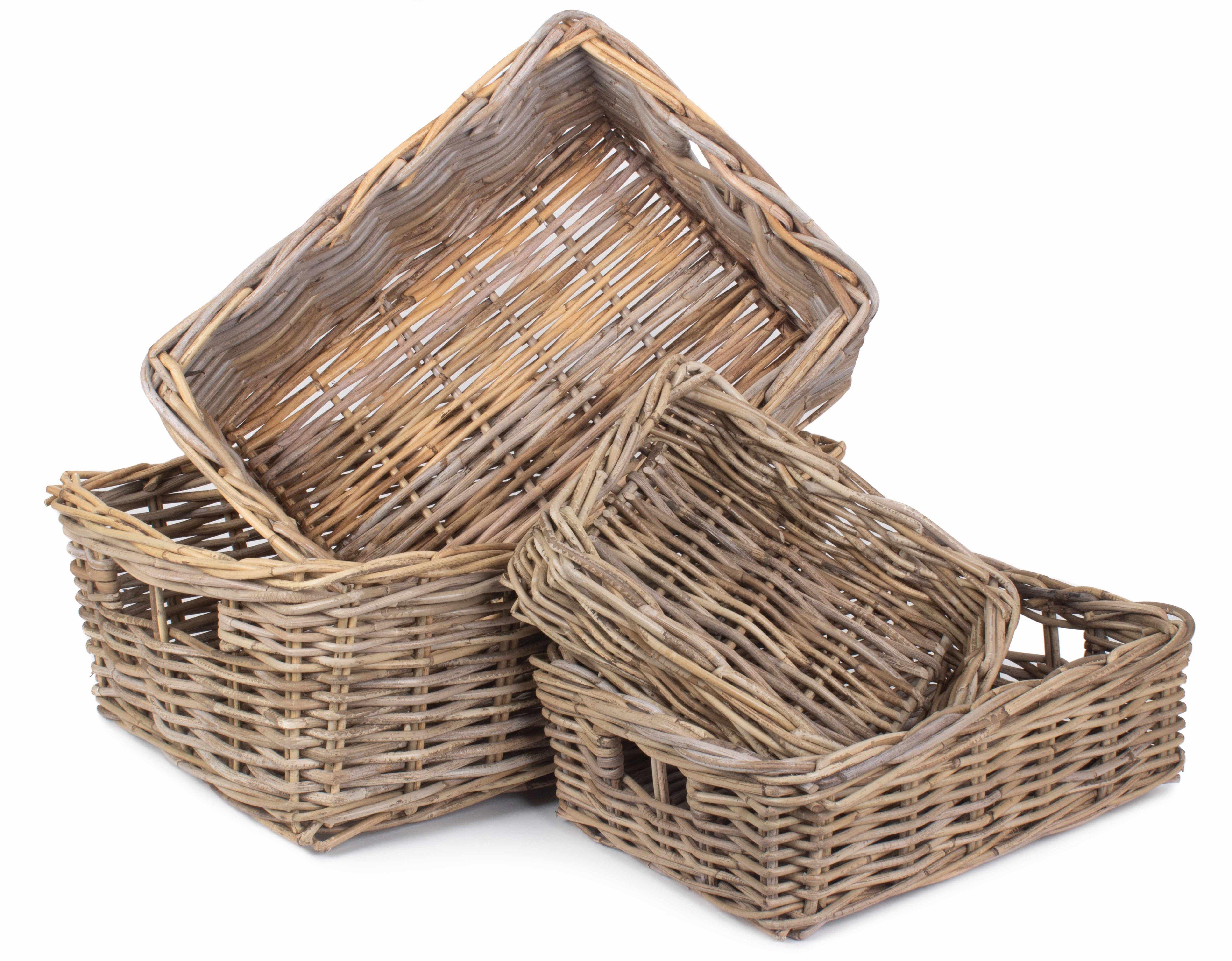 Rattan Shallow Kubu Grey Rattan Rectangular Basket Set  4