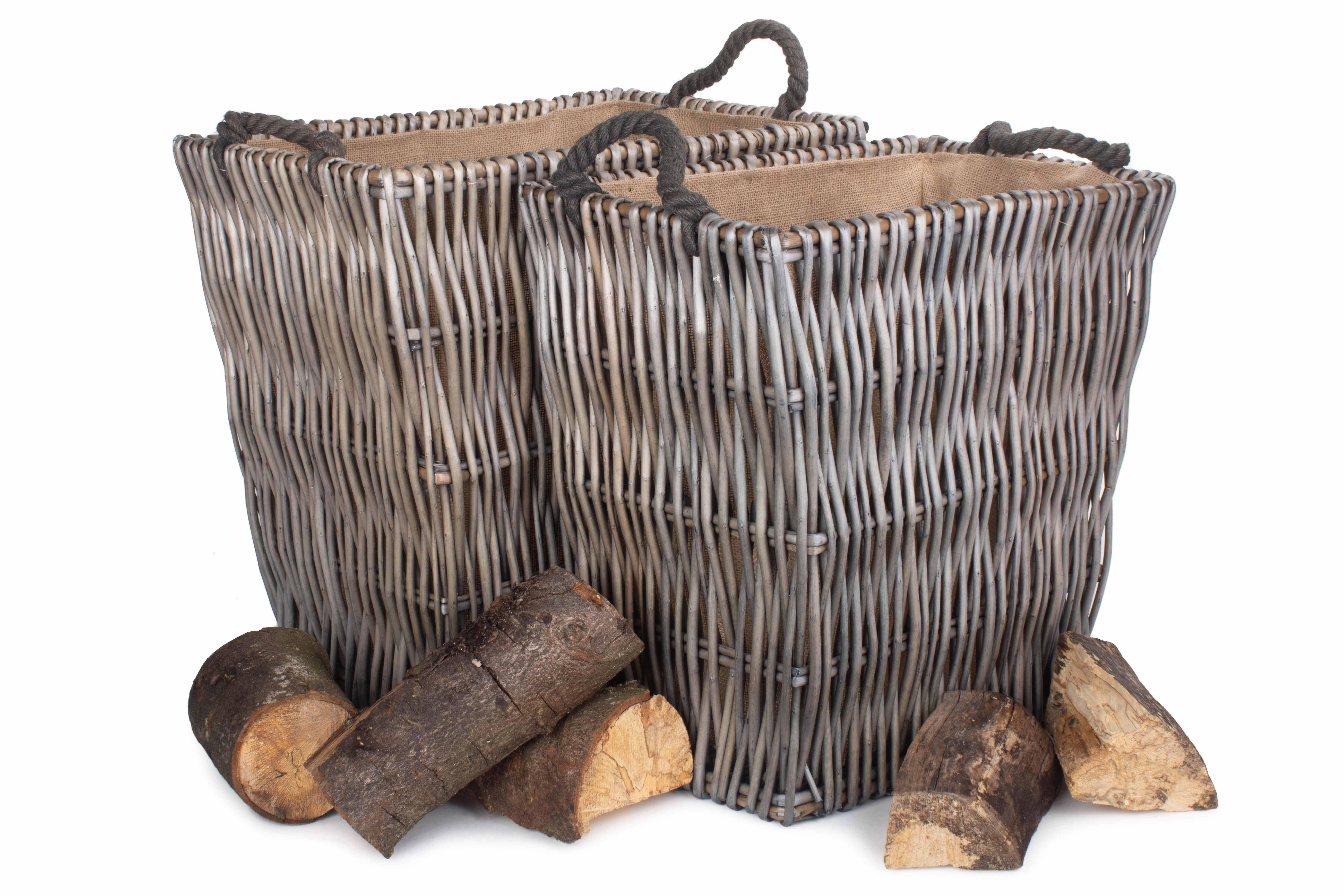 Wicker Set of 2 Rectangular Grey Log Basket