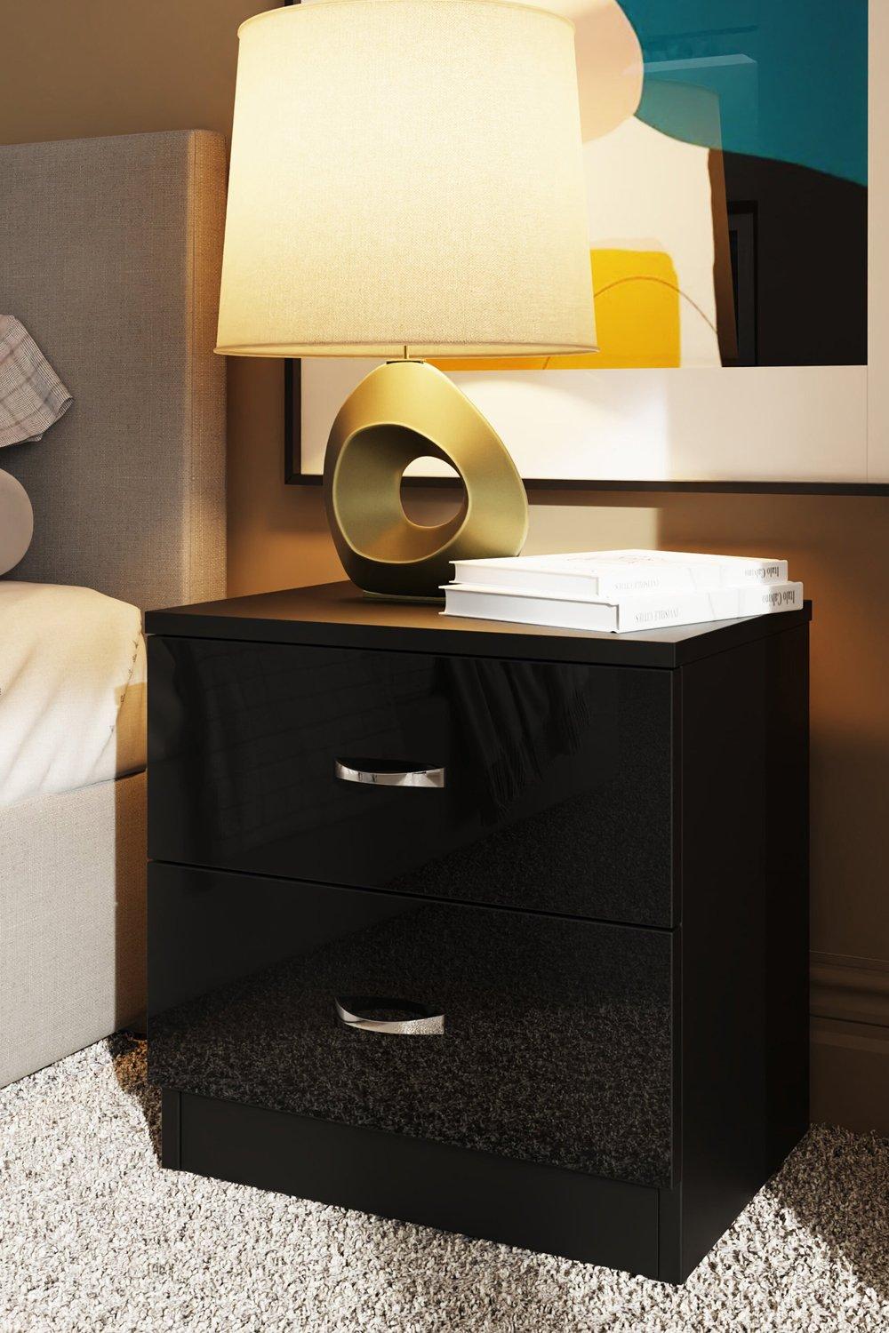 FWStyle 2 Drawer High Gloss Black Bedside Chest