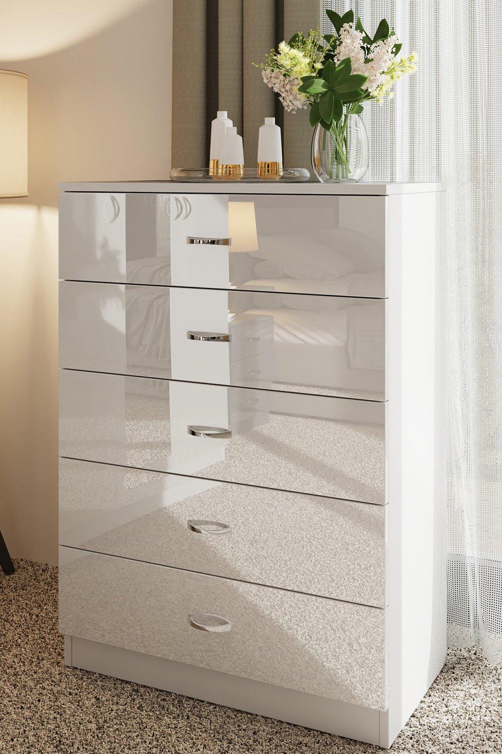 High Gloss White 5 Drawer Tall Chest Of Drawers
