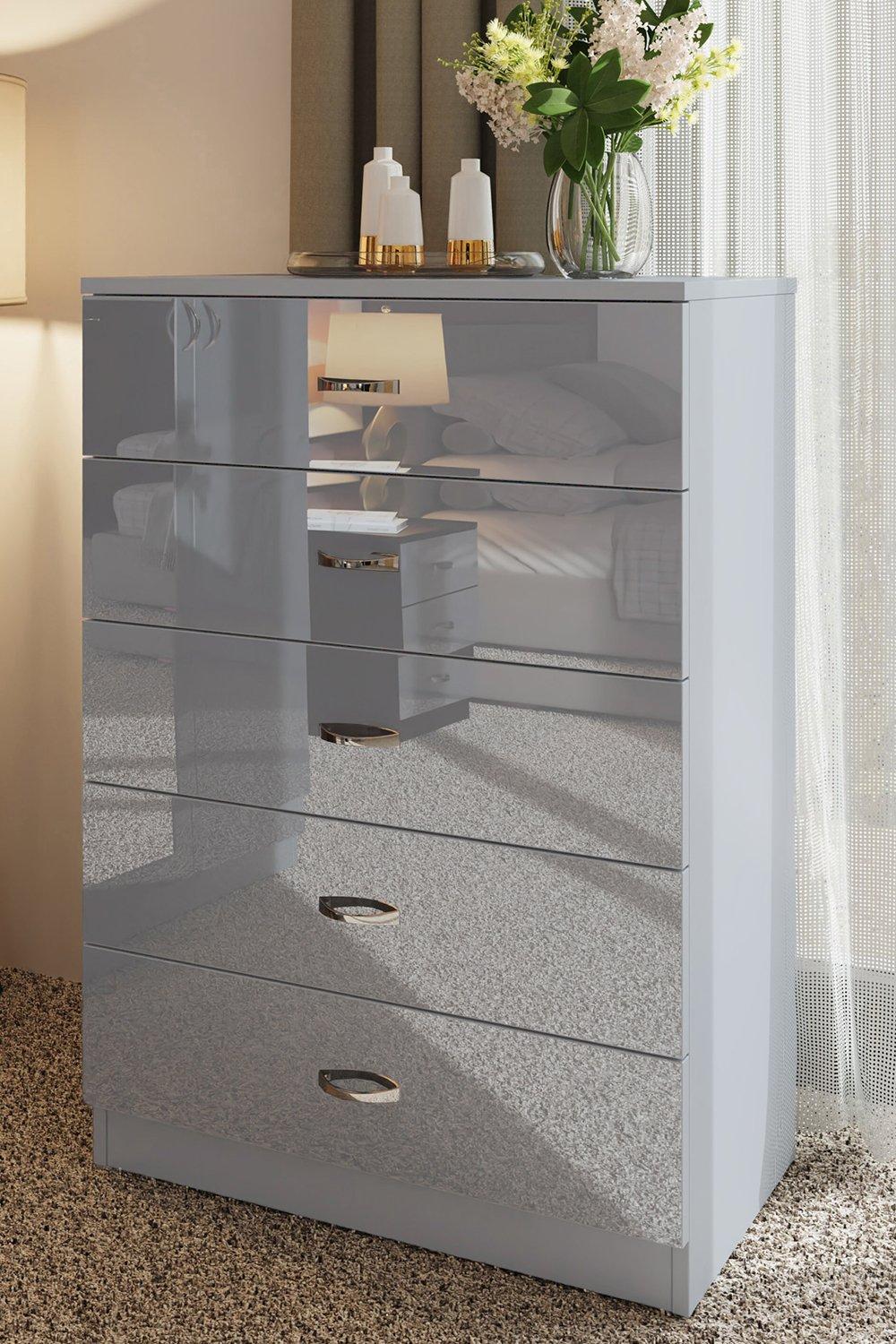 High Gloss Grey Tall 5 Drawer Chest Of Drawers