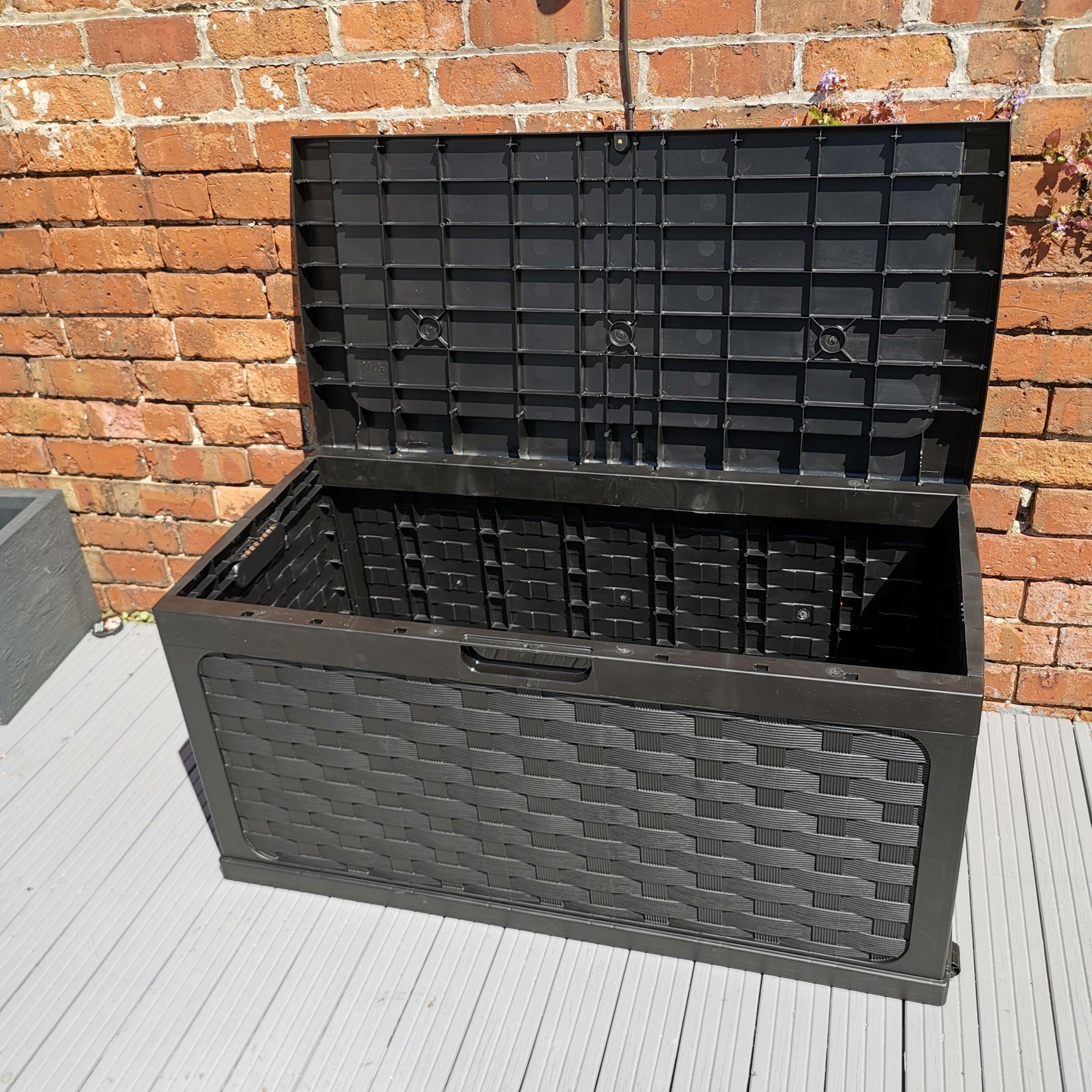 335 Litre Rattan Style Garden Cushion Storage Box with Sit on Lid - Black