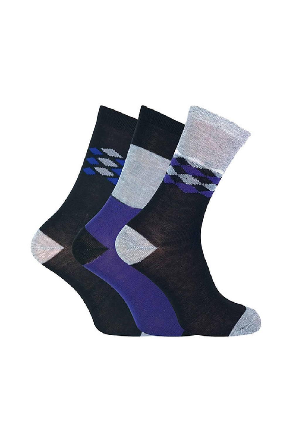 6 Pack Patterned Blue Argyle Striped Socks with Comfort Toe Seams