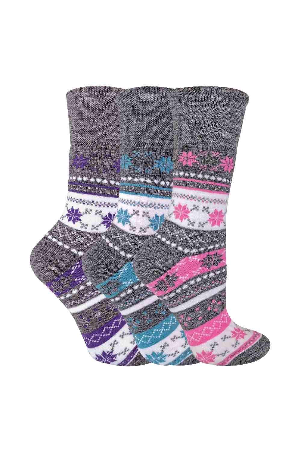 3 Pairs Thick Warm Fairisle Pattern Thermal Non-Elastic Top Socks