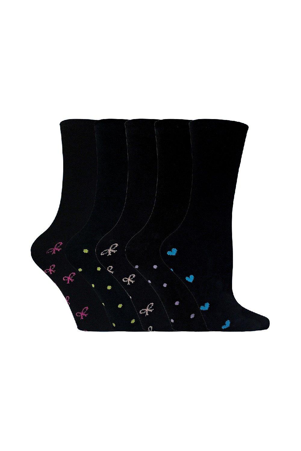 5 Pairs Black Cotton Socks with Heart & Pink Bows Design