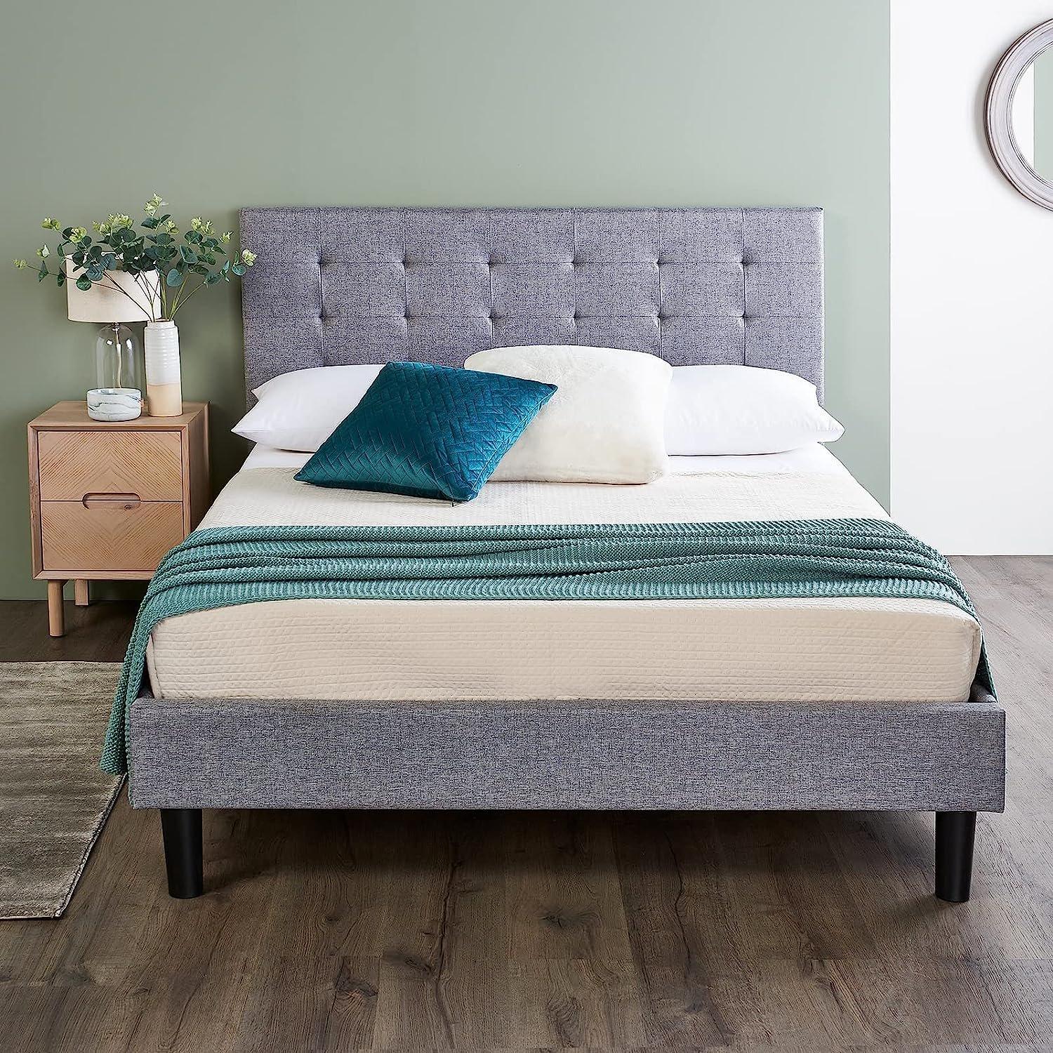 Grey Upholstered Bed Frame With Padded Headboard (No Mattress)
