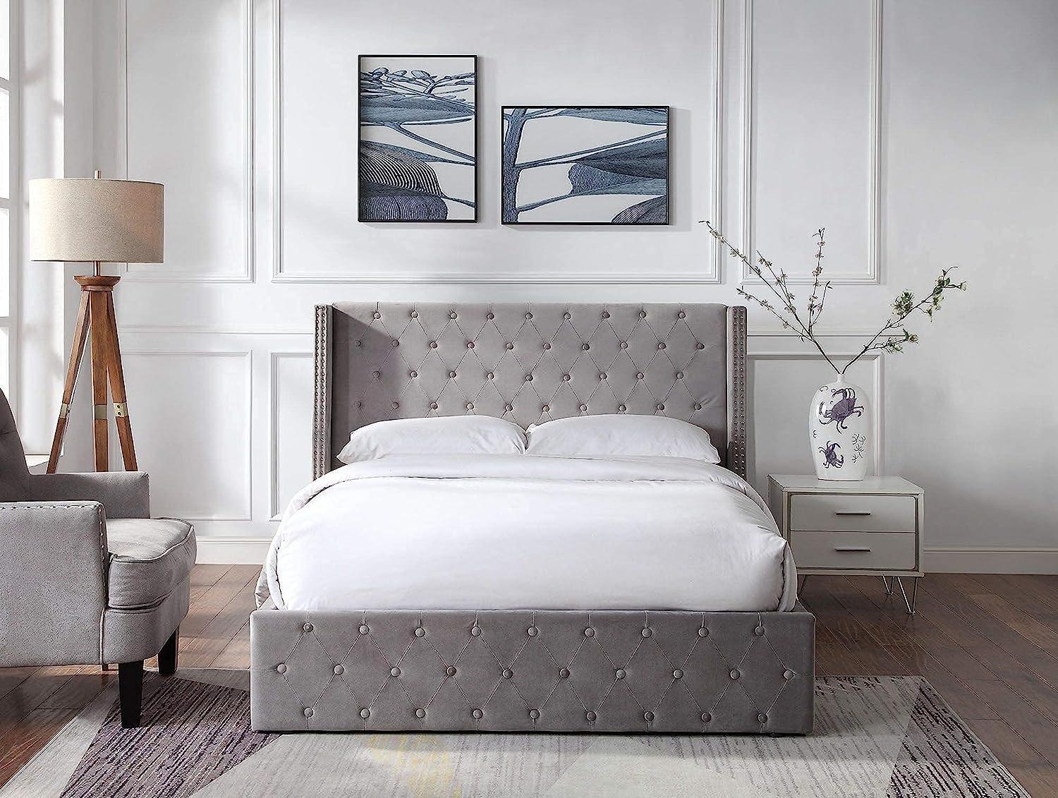 Double Bed Frame with Brushed Velvet Winged Headboard Ottoman Upholstered Bed Frame