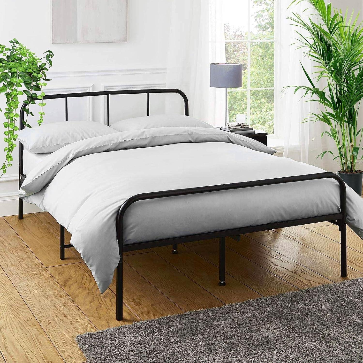 Double Size Bed Frame Metal Rounded Headboard Easy Assembly Bed Base Storage