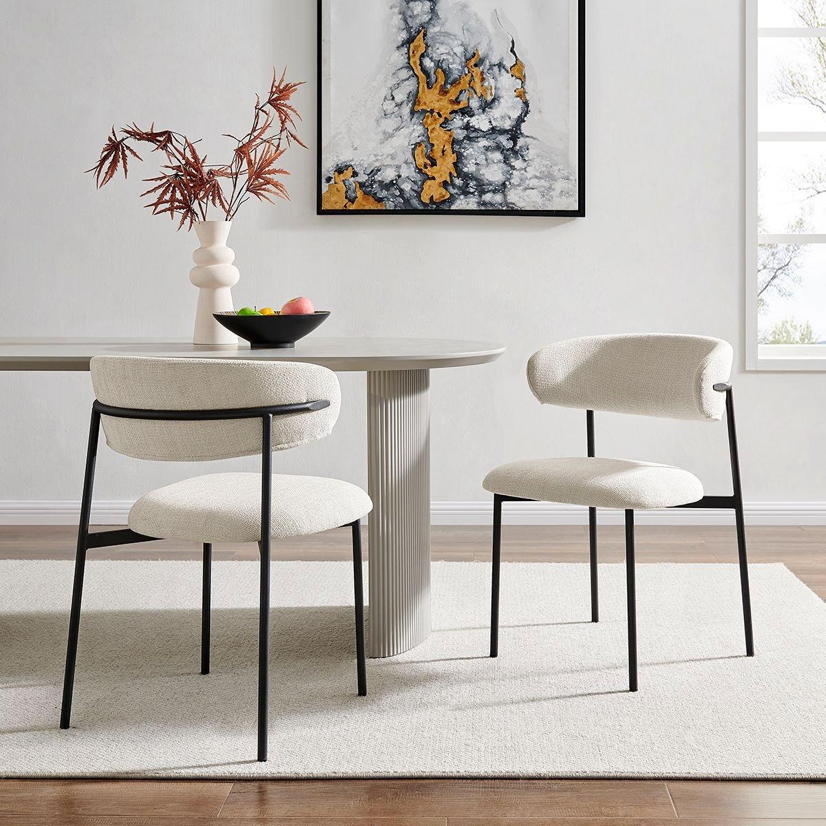 Slimline Cream Woven Linen Dining Chair with Black Frame Set Of 2