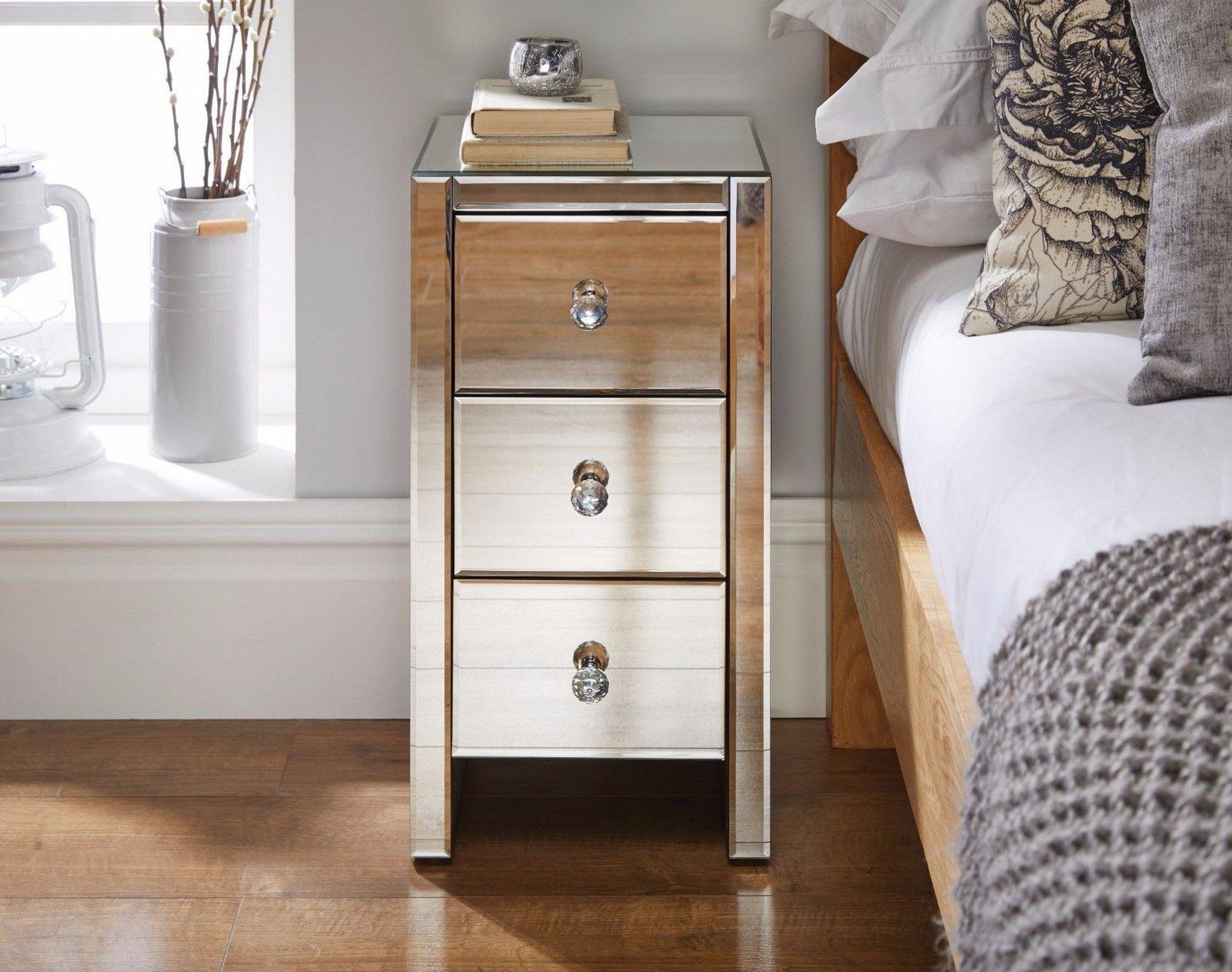 Murano Slim 3 Drawer Mirrored Square bedside Table With Crystaline Shaped Handles