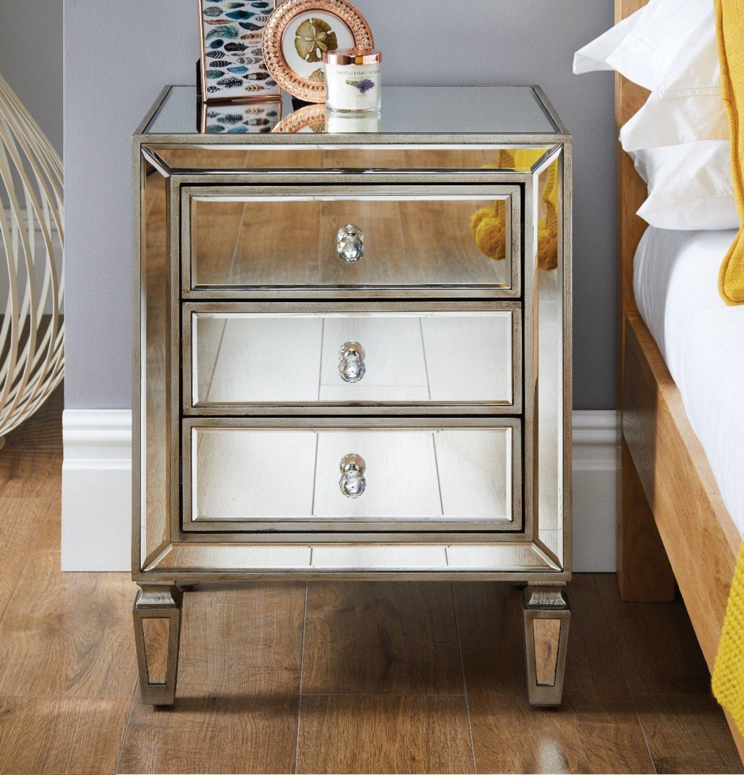 Venice Contemporary 3 Drawer Silver Framed Mirrored Bedside TableWith Crystaline Shaped Handles