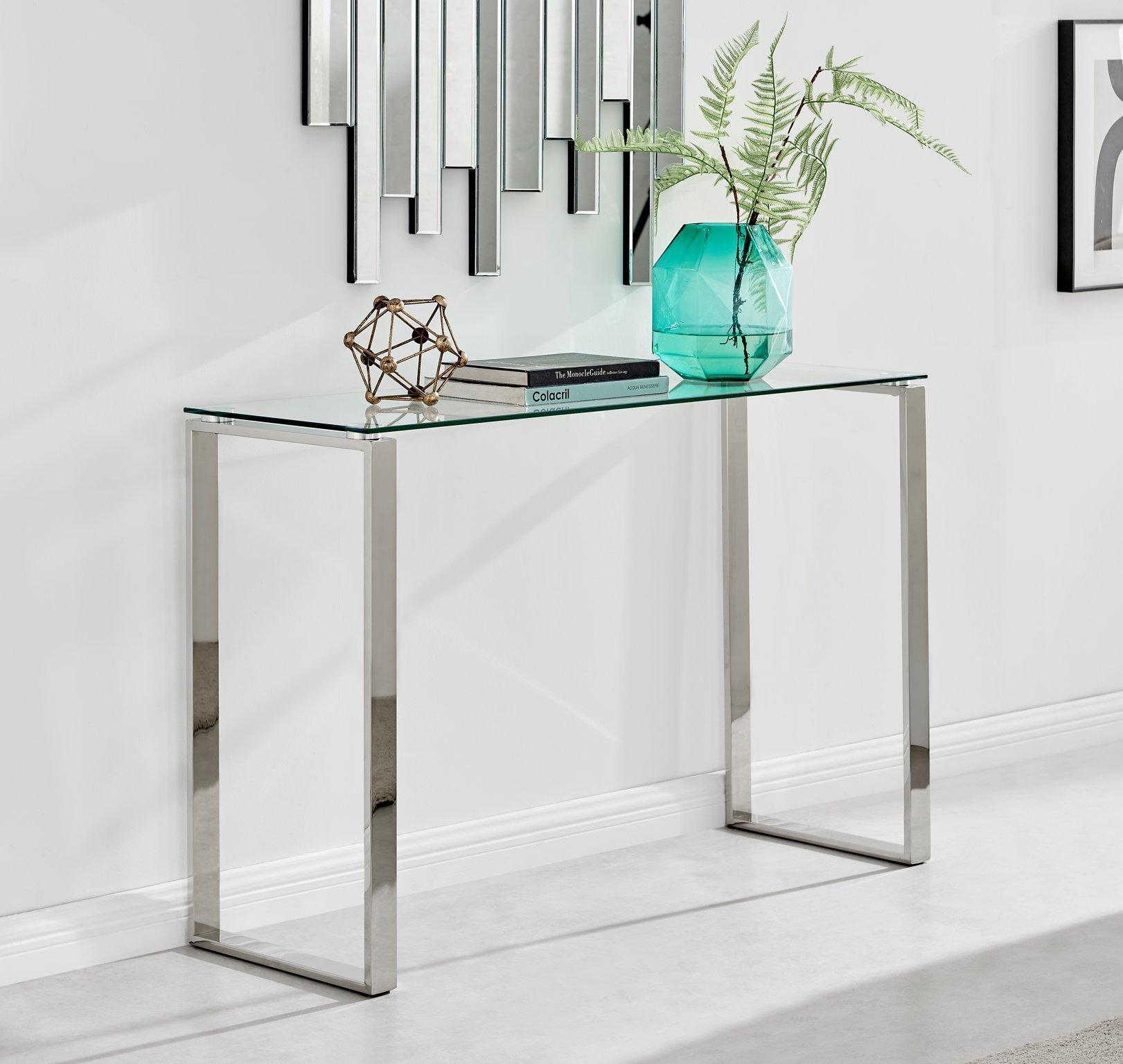 Miami Modern Rectangular Clear Glass Console Table with Square Silver Chrome Metal Legs for Minimali
