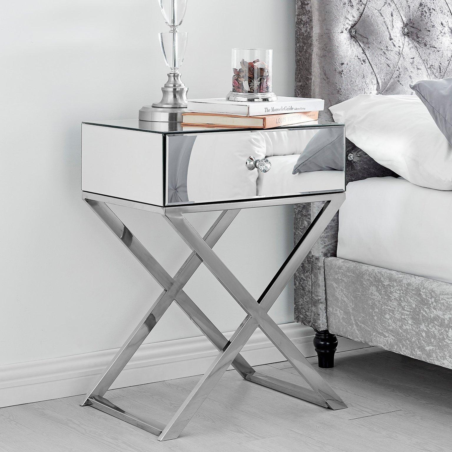 Celeste Single Drawer Mirrored bedside Table With Silver Chrome Cross Legs