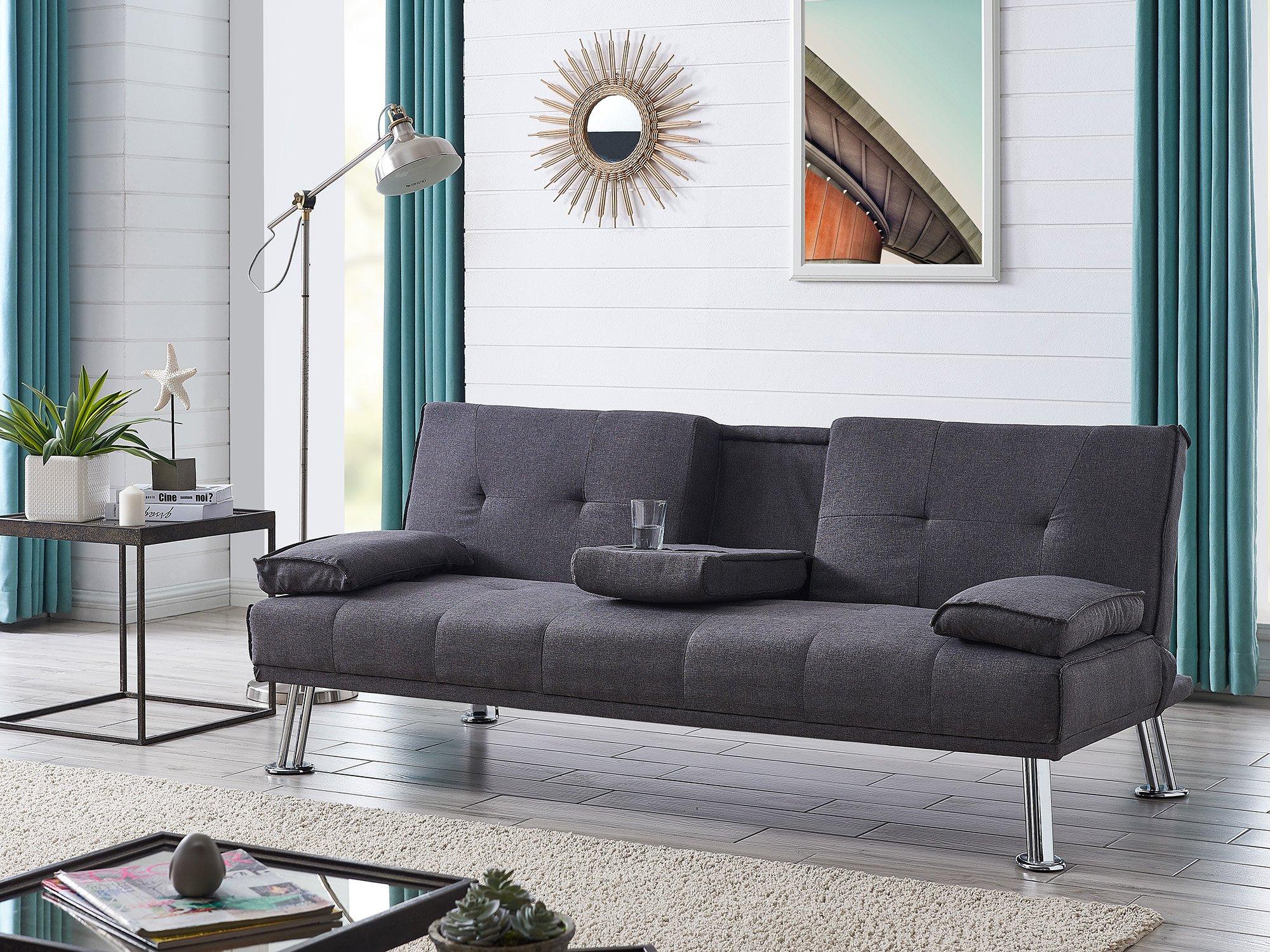 Indiana Fabric Sofa Bed With Pulldown Cupholder and Chrome Legs