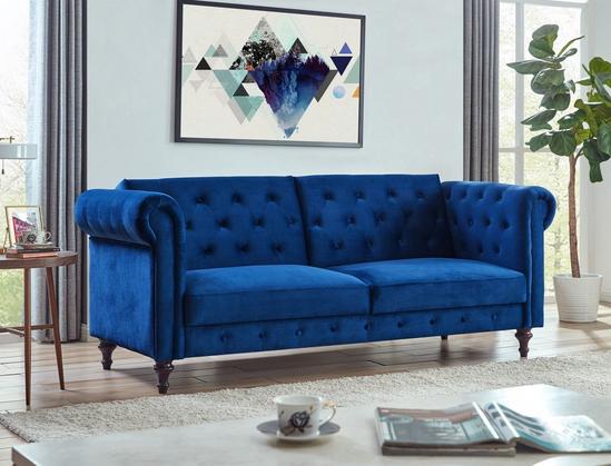 Home Detail Calgary Velvet Sofa Bed Chesterfield Design With Scroll Armrests and Wooden Legs 1