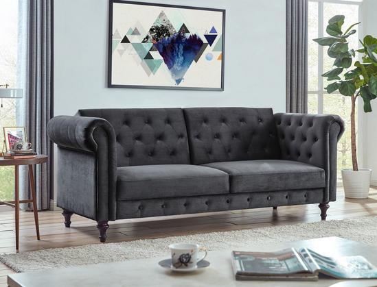 Home Detail Calgary Velvet Sofa Bed Chesterfield Design With Scroll Armrests and Wooden Legs 1