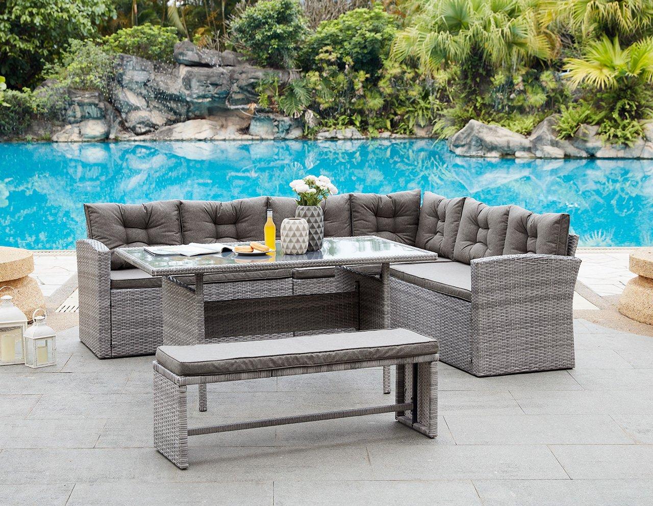 Madeira Rattan Corner Outdoor Dining Garden Furniture Set Sofa Table & Bench