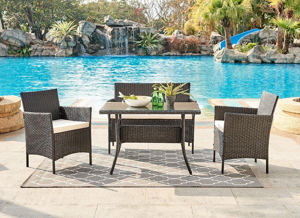 homedetail.co.uk Rattan Garden Furniture Set Conservatory Patio Outdoor Table Chairs Sofa with Optional Bench, Black 4 Piece