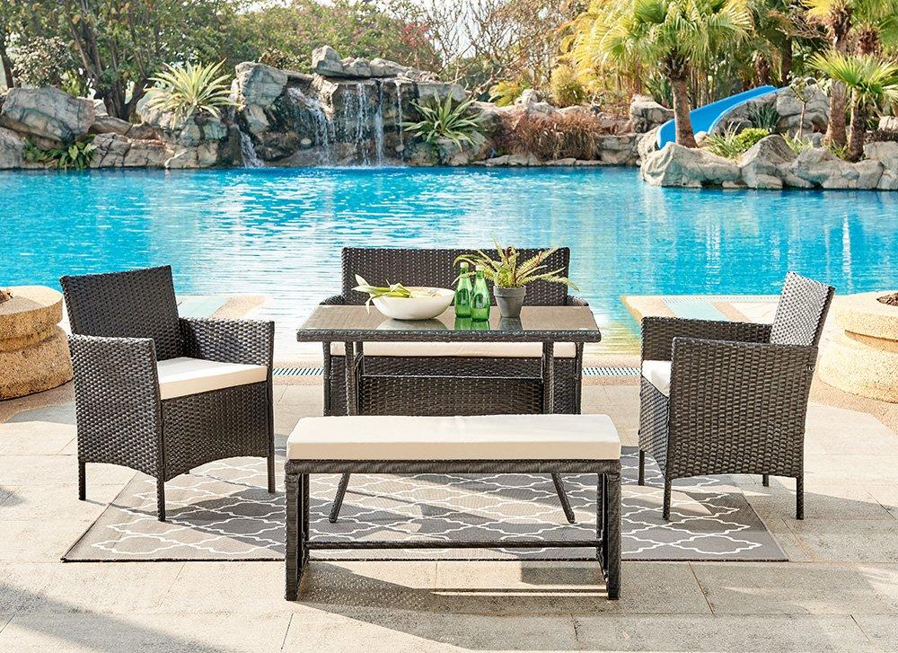 Rosa Rattan Garden 5pc Furniture Dining Set With Bench