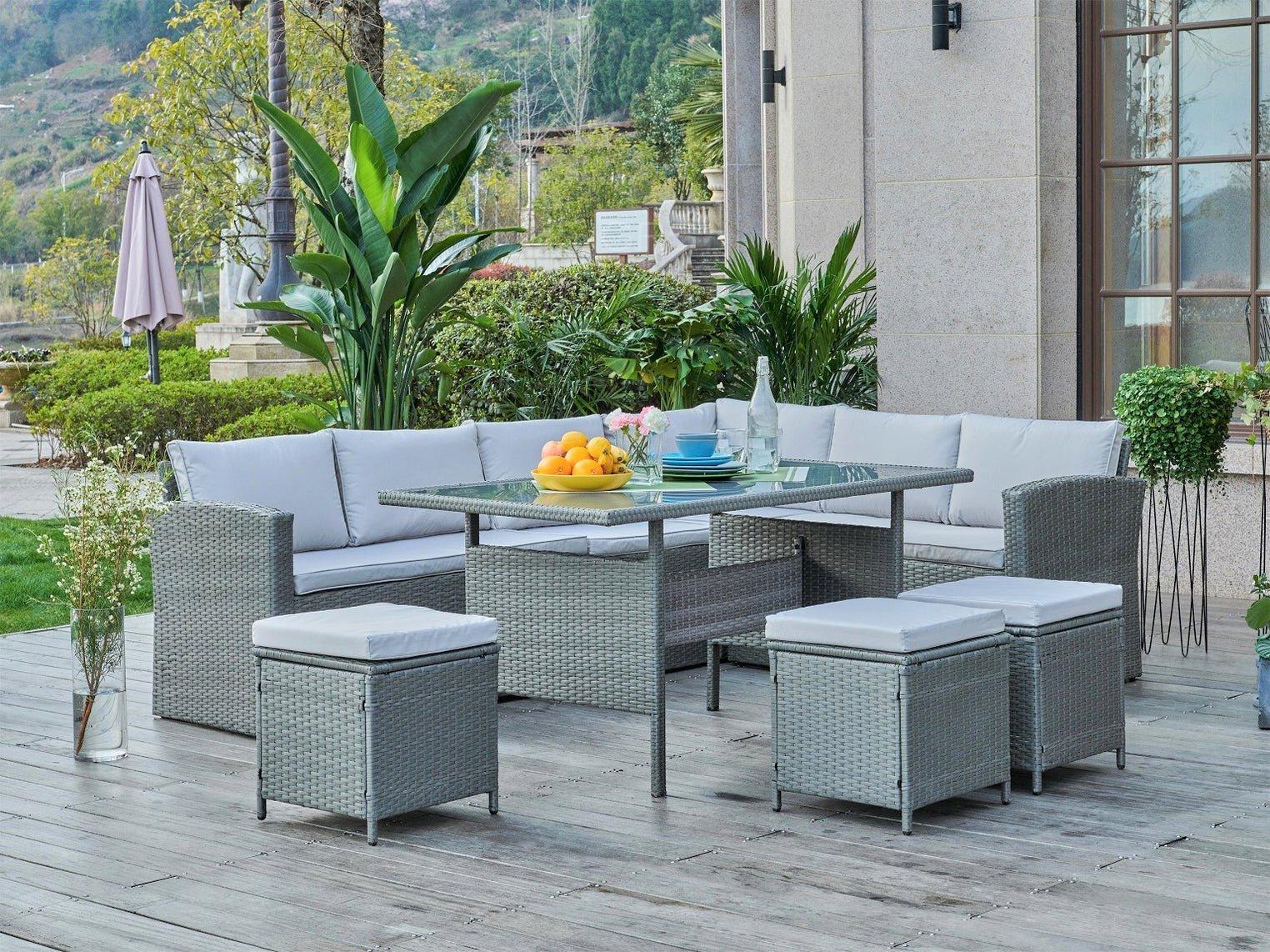 homedetail.co.uk Rattan Corner Group Garden Furniture Set Outdoor Dining Table Sofa Stool Set, Grey