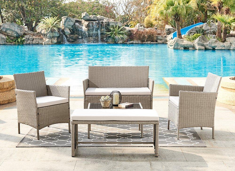 Maya Rattan Garden 5pc Furniture Set with Bench and Coffee Table