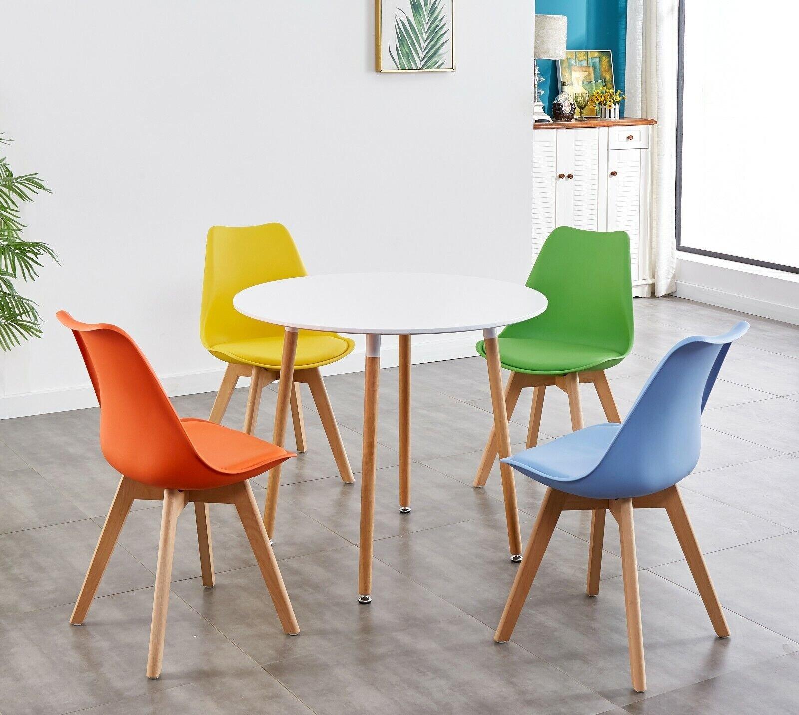 Wood Round Kitchen Dining Table Set And 4 Colourful Tulip Chairs