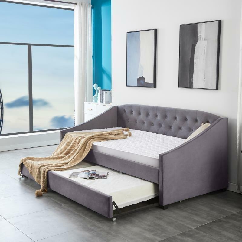 Daybed Velvet Sofa Bed With Underbed Trundle With 2 Mattresses