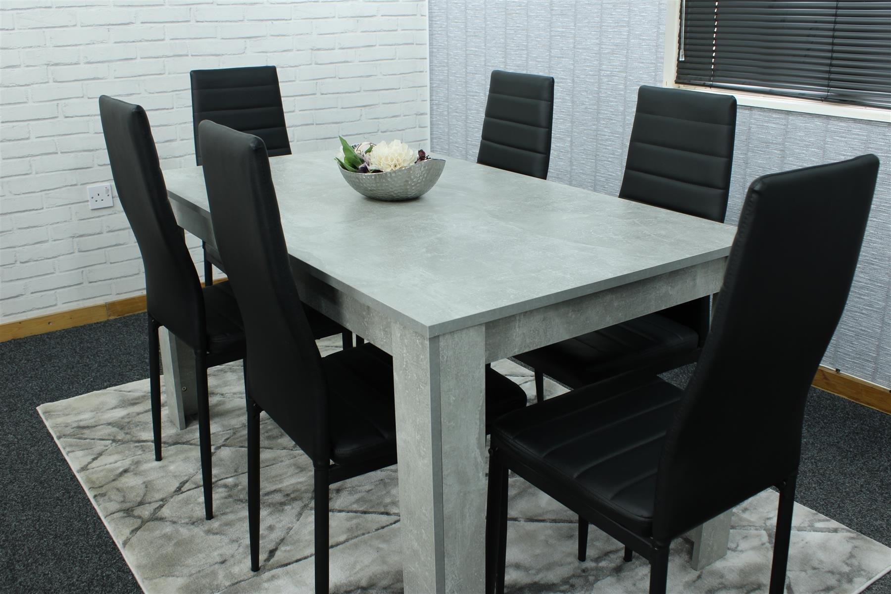 Dining Table and 6 Chairs Stone Grey Effect Wood Table 6 Black Leather Chairs Dining Room