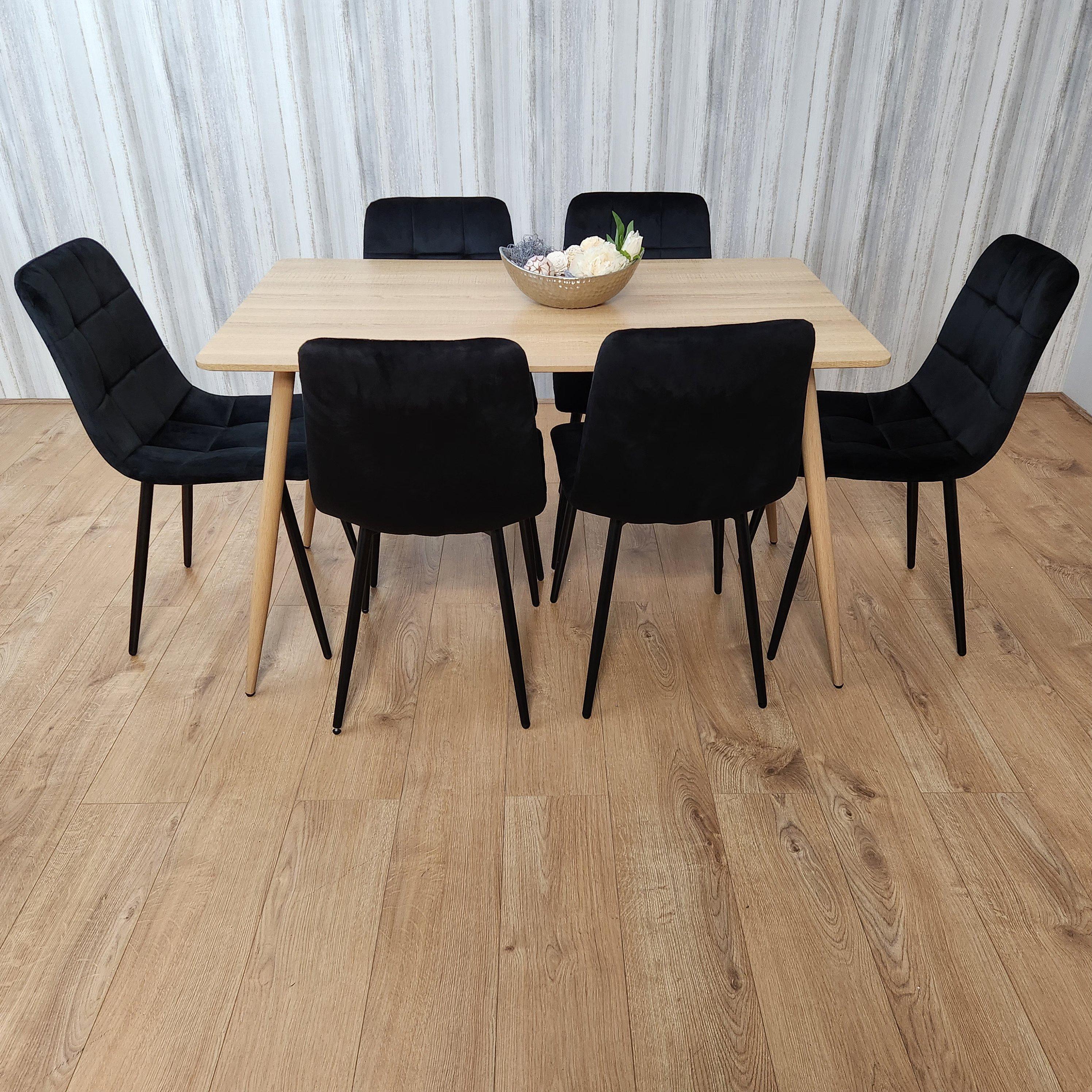 Rectangle Oak Effect Kitchen Dining Table With 6 Black Velvet Tufted Chairs Dining Set