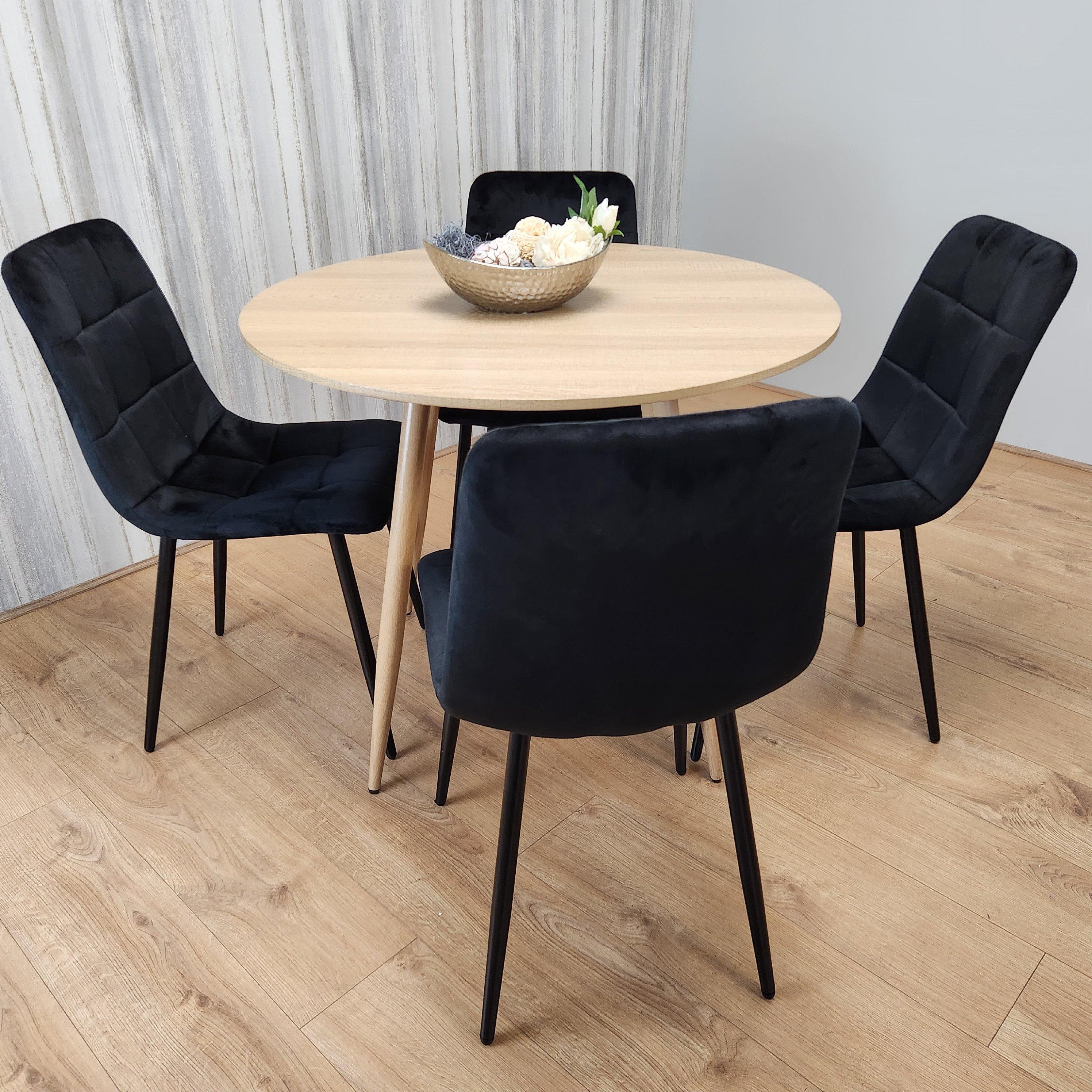 Round Oak Effect Kitchen Dining Table With 4 Black Velvet Tufted Chairs Dining Set