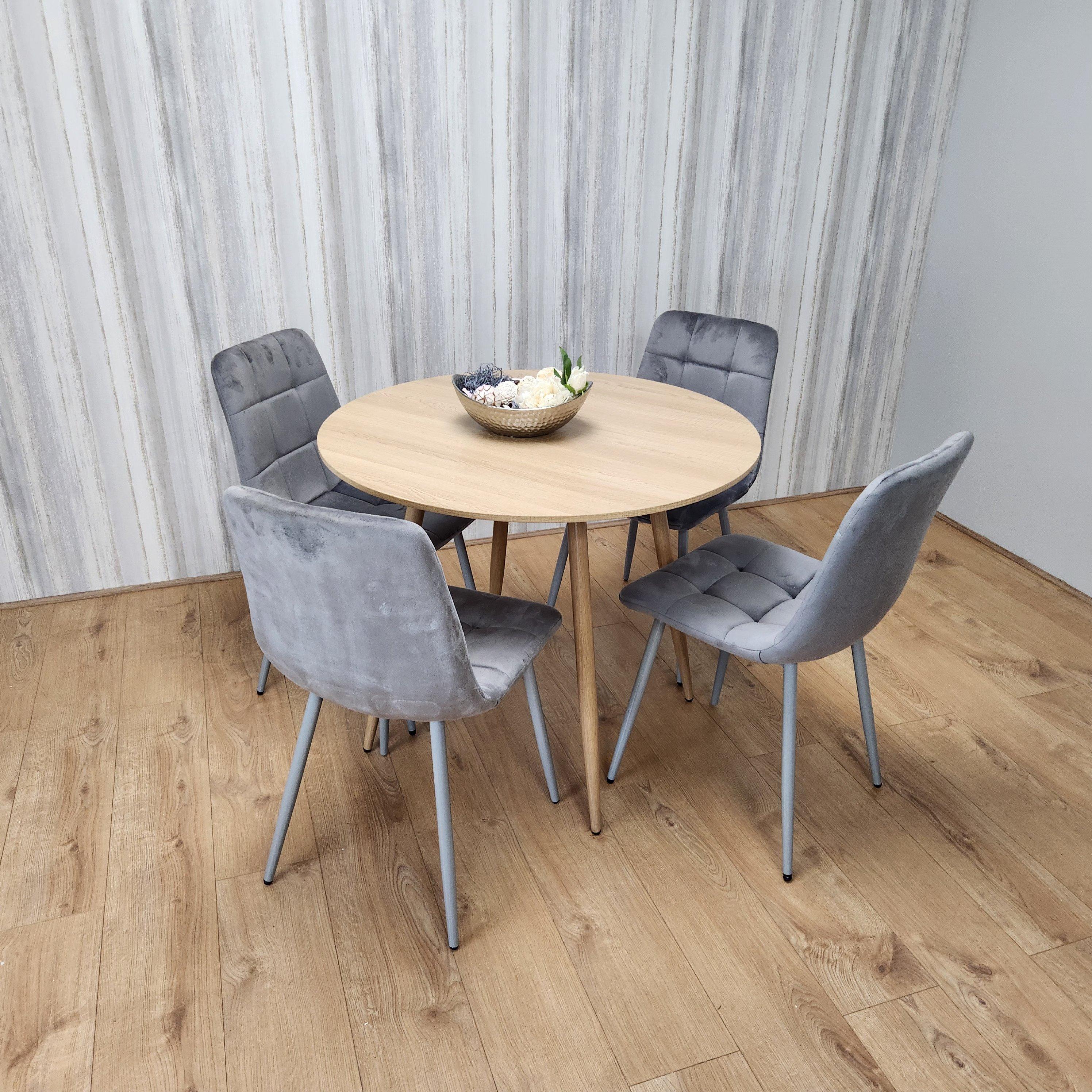 Round Oak Effect Kitchen Dining Table With 4 Grey Velvet Tufted Chairs Dining Set