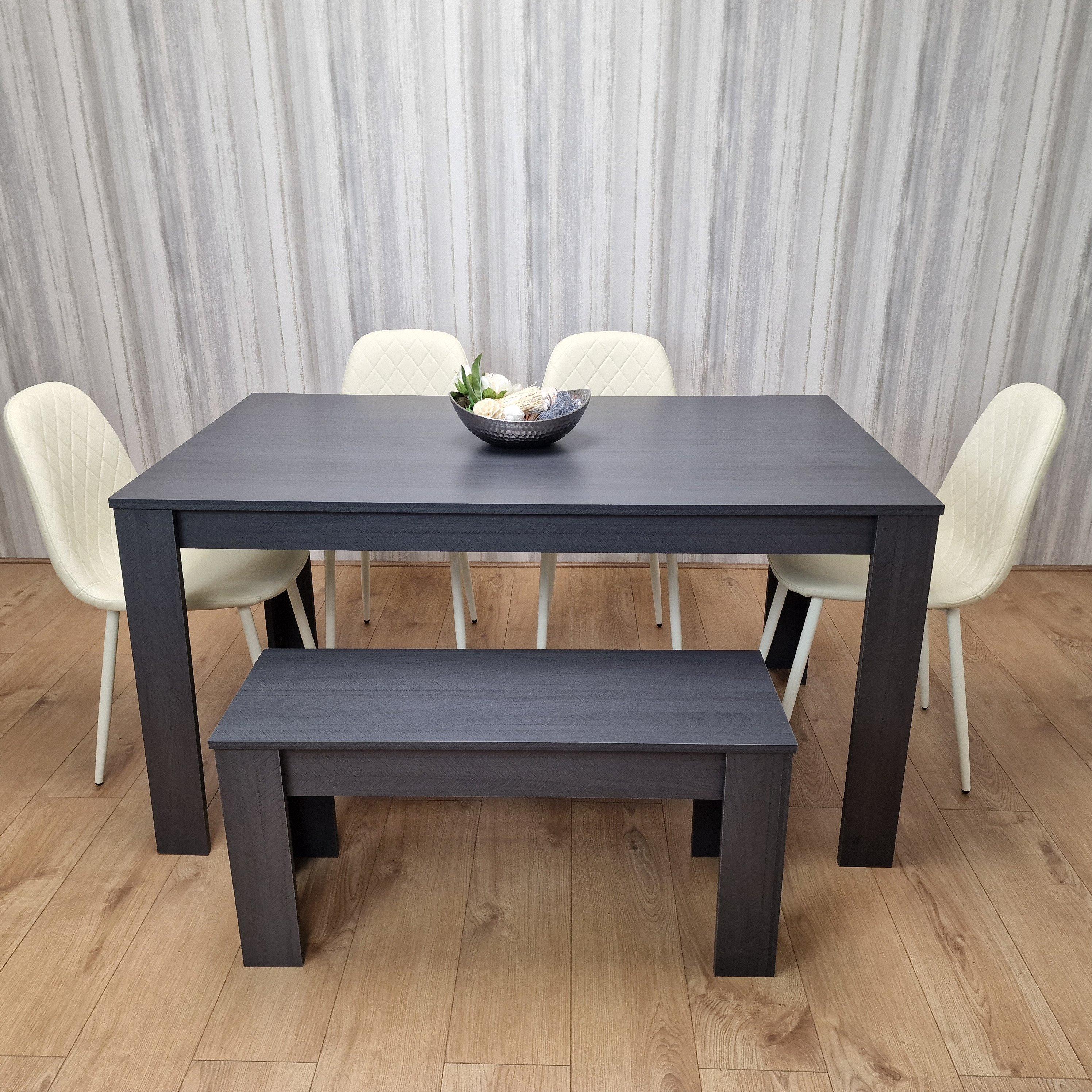Dining Set: Grey Table, 4 Diamond-Pattern Cream Chairs, And 1 Bench. Kitchen Dining Table For 4